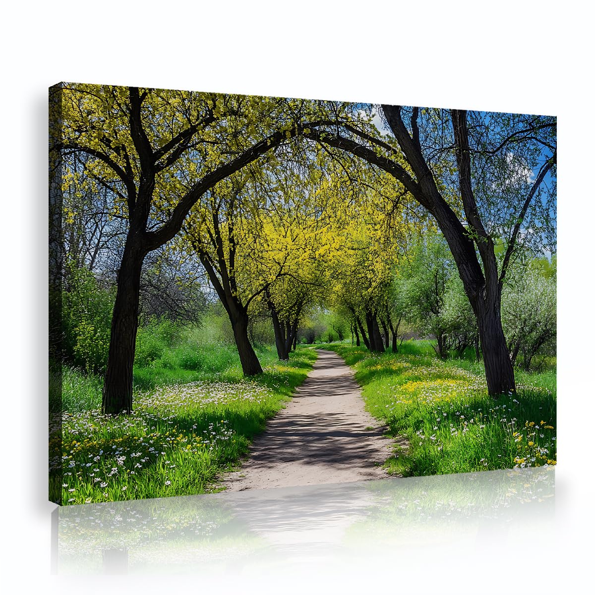 TOANGWALL Green Tree Canopy Forest Path Poster Prints Yellow Wildflower Meadow Canvas Wall Art Summer Woods Nature Picture Framed Artwork for Living Room Bedroom Studio 70x100cm