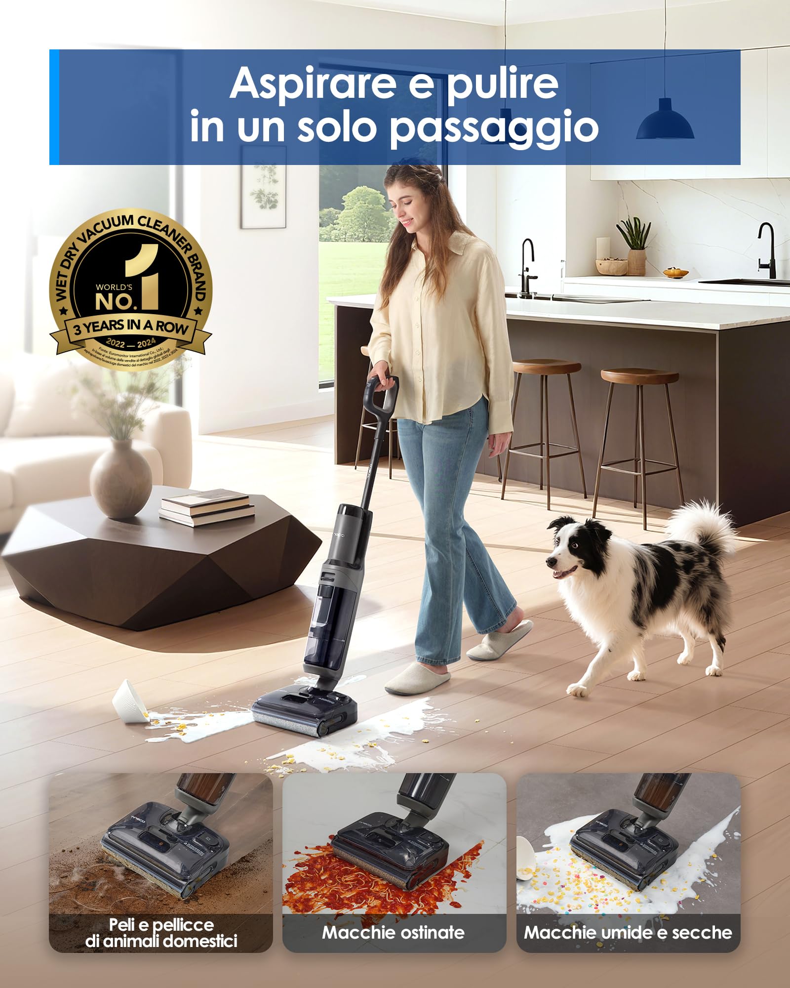 Tineco FLOOR ONE i6 Stretch, Aspirapolvere e Lavapavimenti 2 in 1, 20000Pa, Design Piatto 180°, Anti-Groviglio, Autopulente, Asciugatura 85℃, 40 Min Autonomia, Batteria Pouch Cell