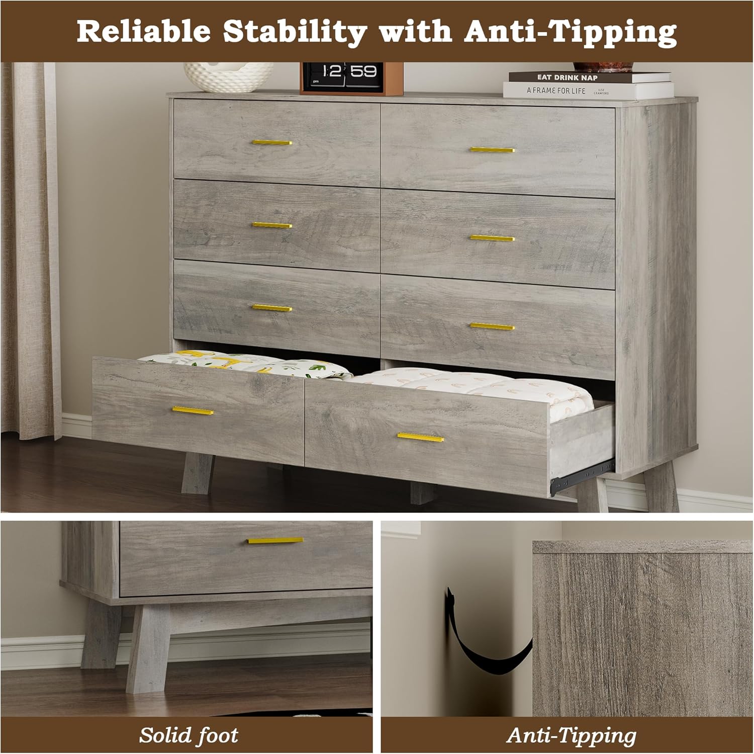 Close-up images showing the solid foot design and the anti-tipping strap mechanism of the dresser.