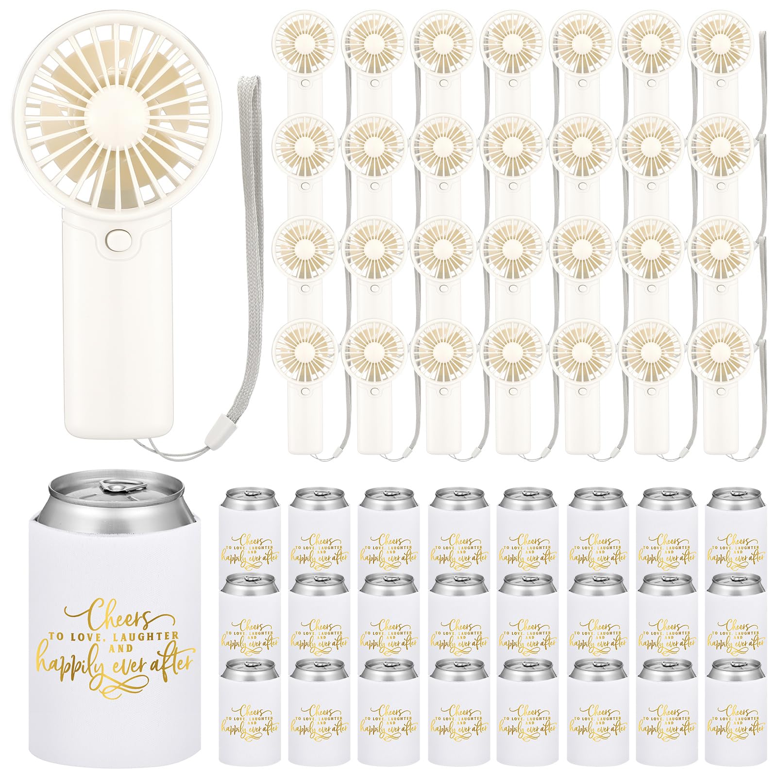 Hortsun Mini-Handventilator-Set für Hochzeit, Großpackung für Gäste, tragbar, persönlich, kleine Fächer, Dosenkühlerhüllen mit 1 Holz-Tischschild für Sommer, Verlobung, Brautparty, Gastgeschenke