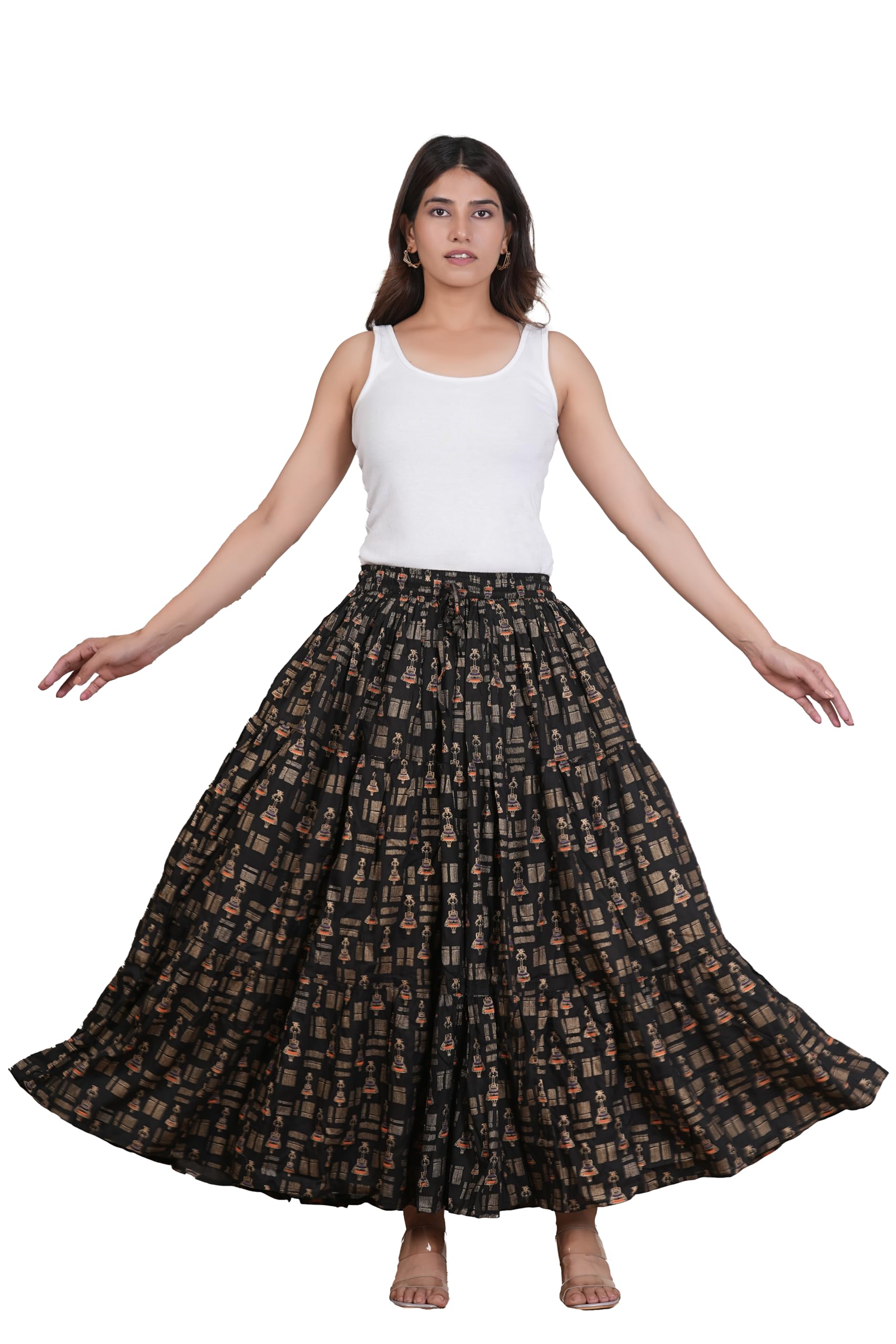 Women's Black Printed Cotton Tiered Maxi Skirt-picture-59