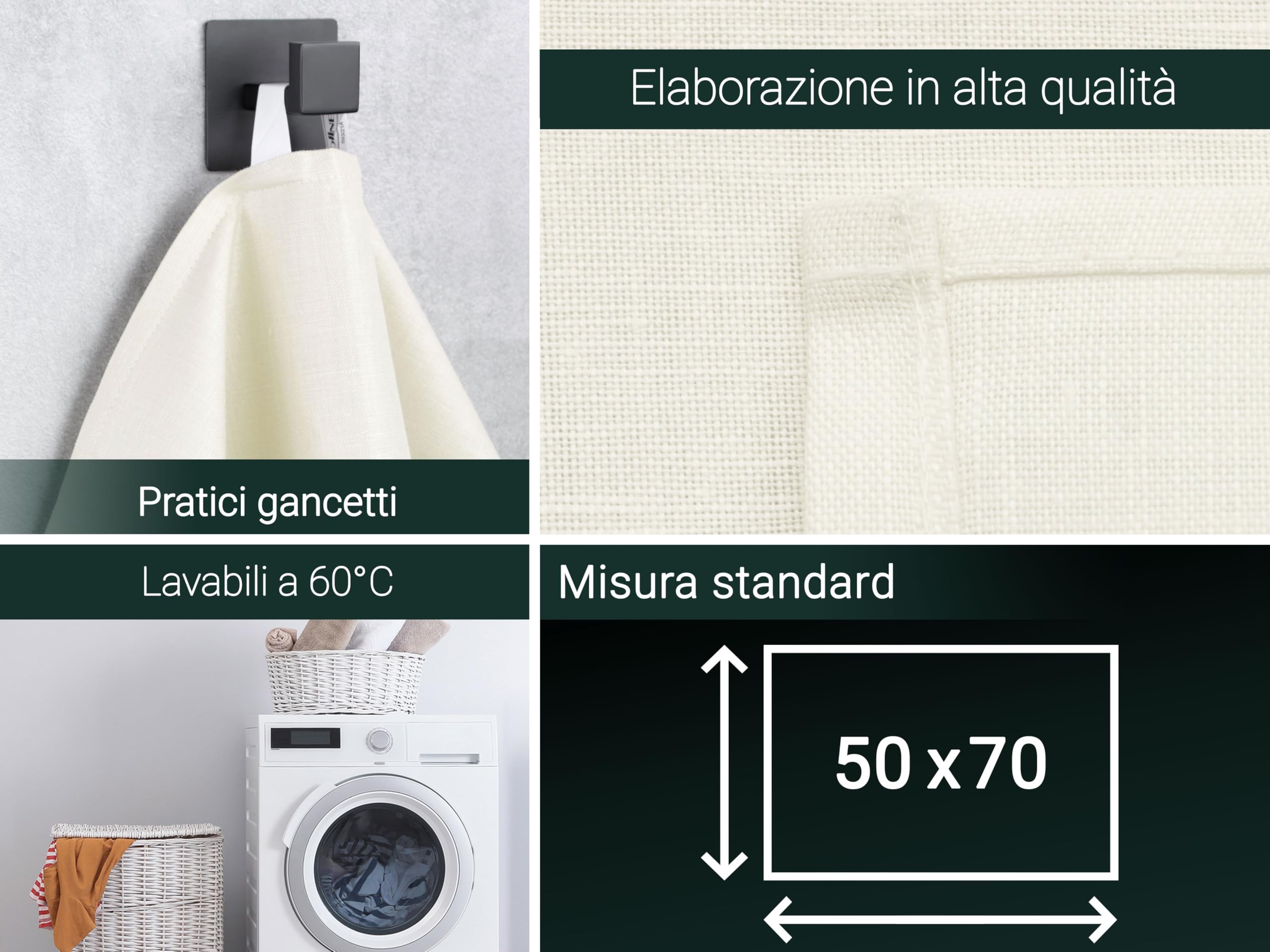 ZOLLNER 4 strofinacci, canovacci da cucina, misto lino, 50x70 cm, bianco grezzo
