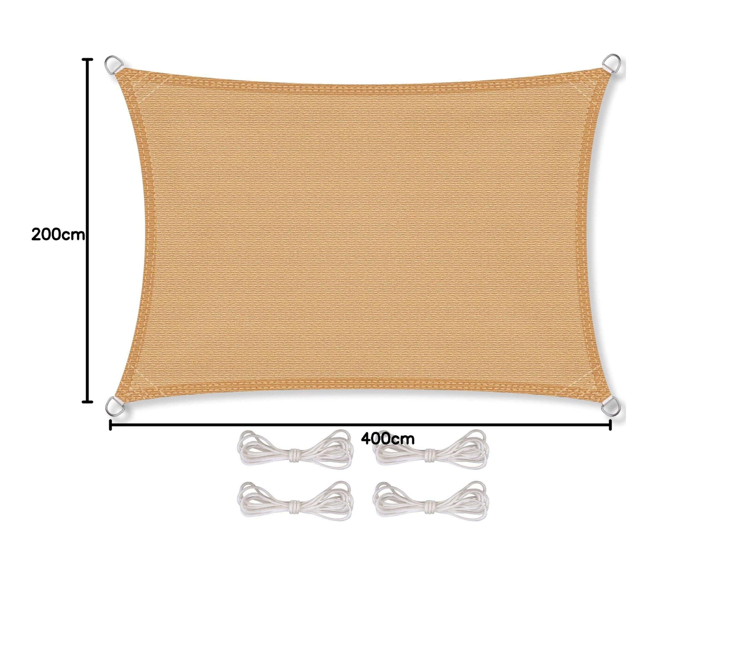 CelinaSun Sonnensegel inkl Befestigungsseile Premium HDPE wetterbeständig atmungsaktiv Rechteck 2 x 4 m Sand beige