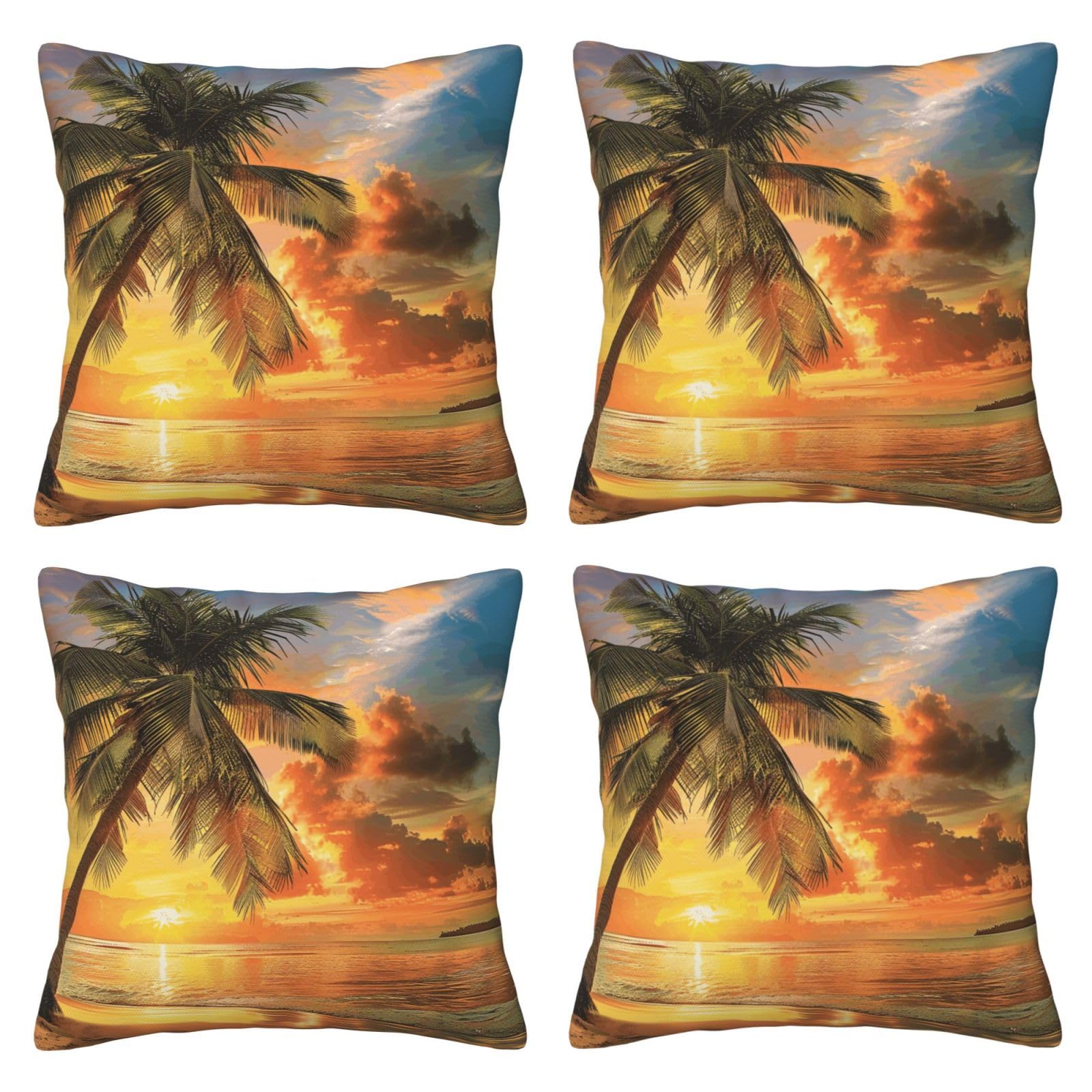 Tropical Beach Palm Tree Sunset Throw Pillow Cases 4 Pack Square Pillowcases Super Soft Pillow Protectors With Zipper for Couch Livingroom Sofa Bed Office Car,30x30 CM