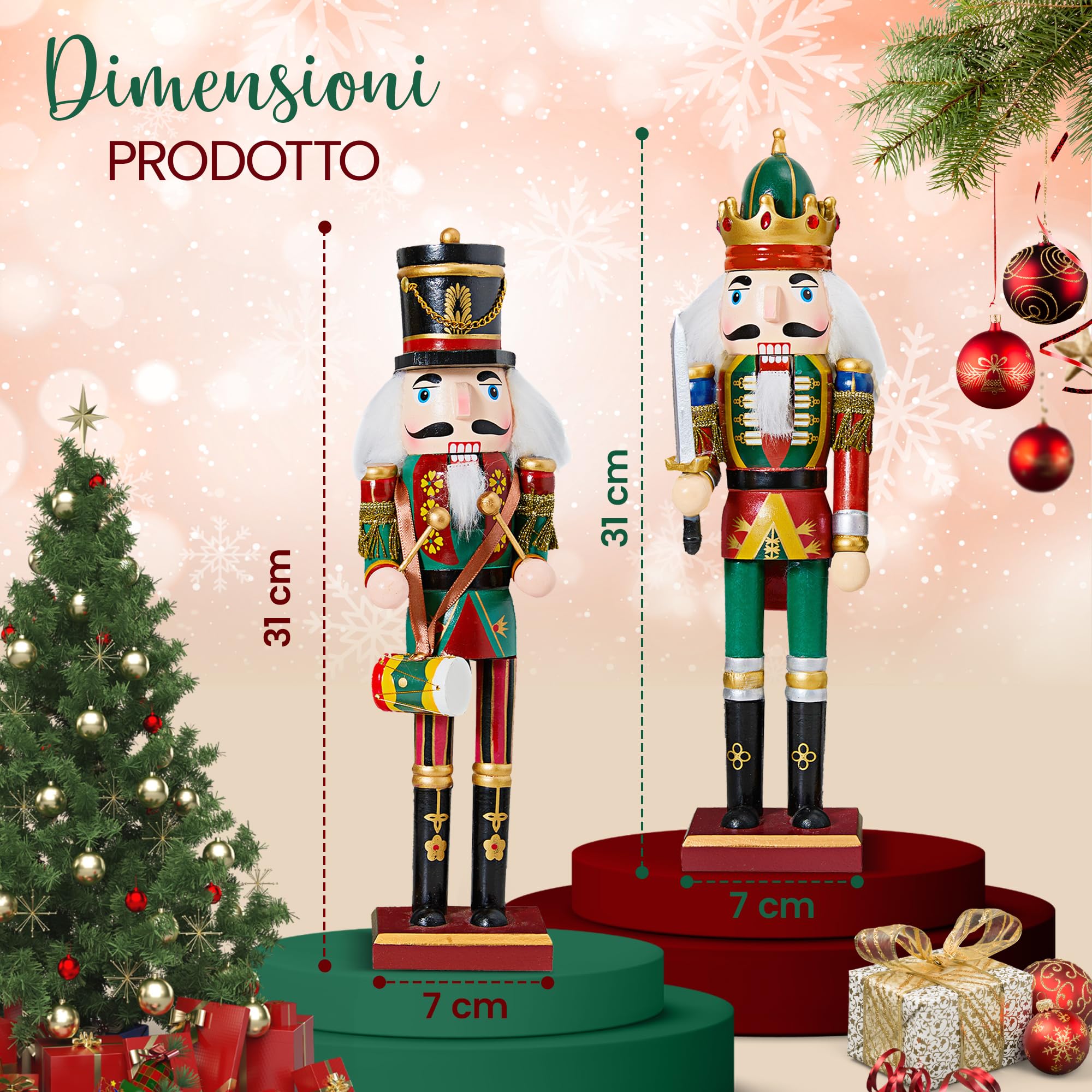 Coppia di schiaccianoci decorativi in legno (30 cm) – Figure da esporre su camino – Abbellimenti per feste invernali – Statuine classiche natalizie – Elementi ornamentali dallo stile tradizionale