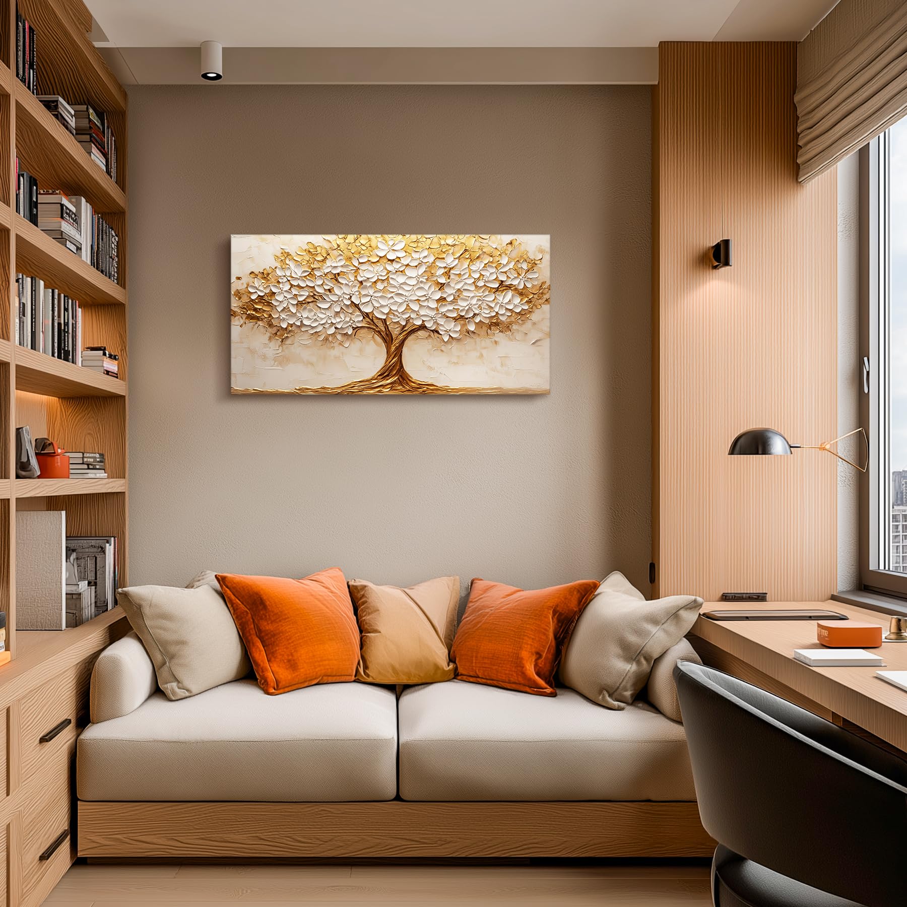 MHARTK66 Tableau Decoration Murale Salon Moderne, 50x100 cm Grand Impression sur Toile, Cadre Decoration Murale Arbres Dorés aux Fleurs Blanches, Décoration de Chambre Salle De Bain Maison Décorations