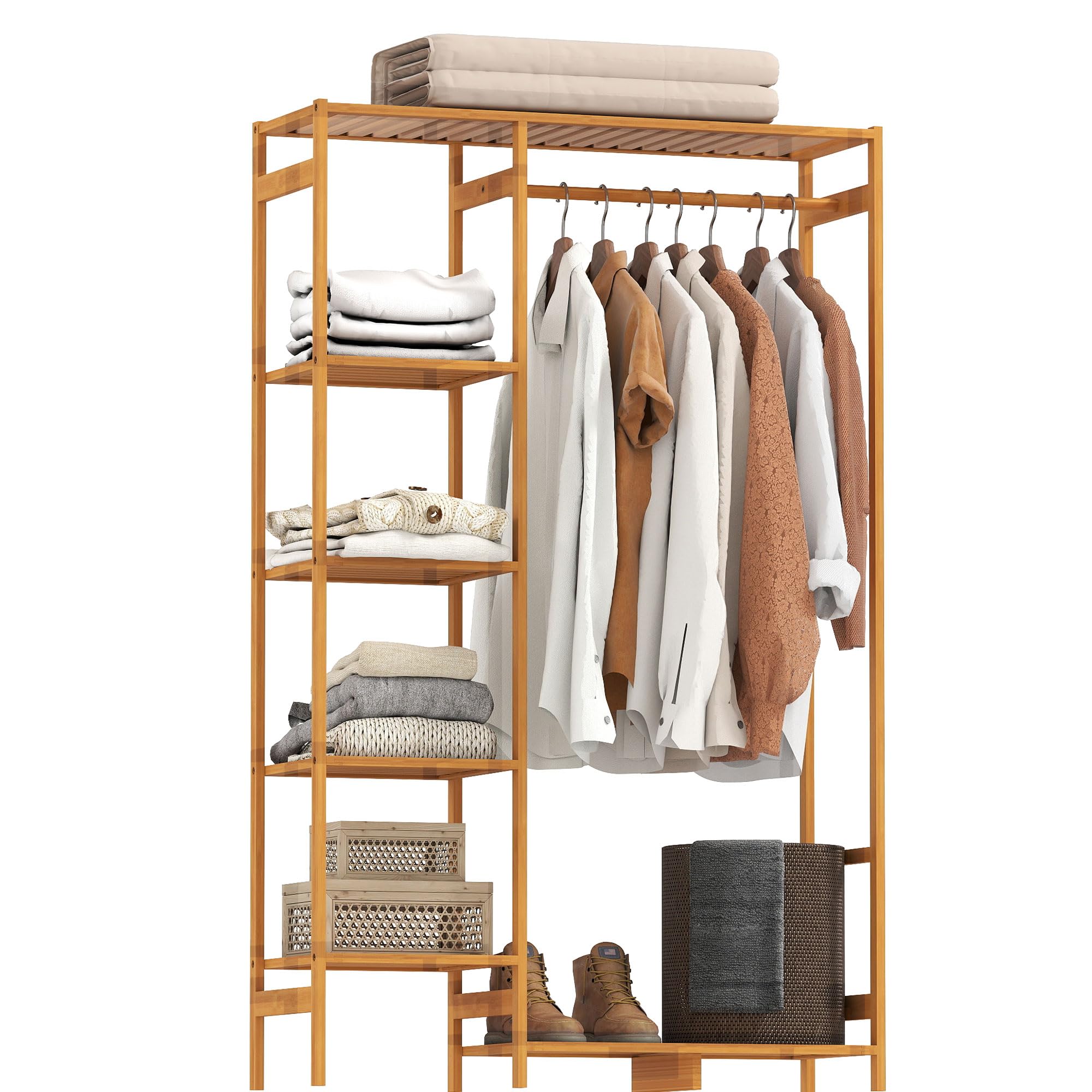 HOMCOM Perchero de Pie de Bambú Perchero para Ropa con Estante de Almacenamiento de 6 Niveles y Varilla Colgante para Salón Dormitorio Entrada 90x30x145 cm Natural