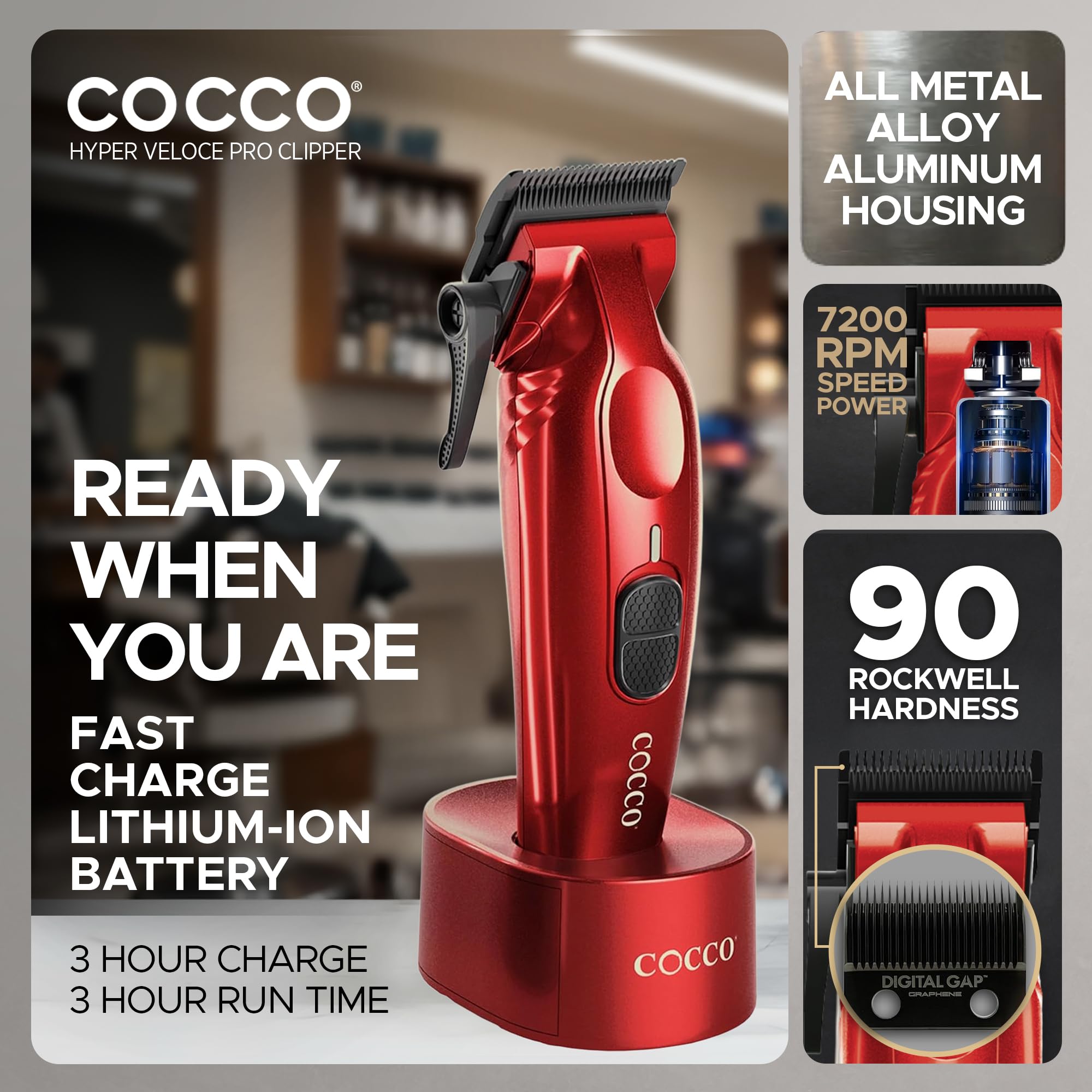 Cocco Hyper Veloce Pro Clipper, Digital Gap Ambassador Graphene Taper Blade Professional Hair Clippers, High-Torque BLDC Motor, All-Metal, Cordless, Charging Station Included