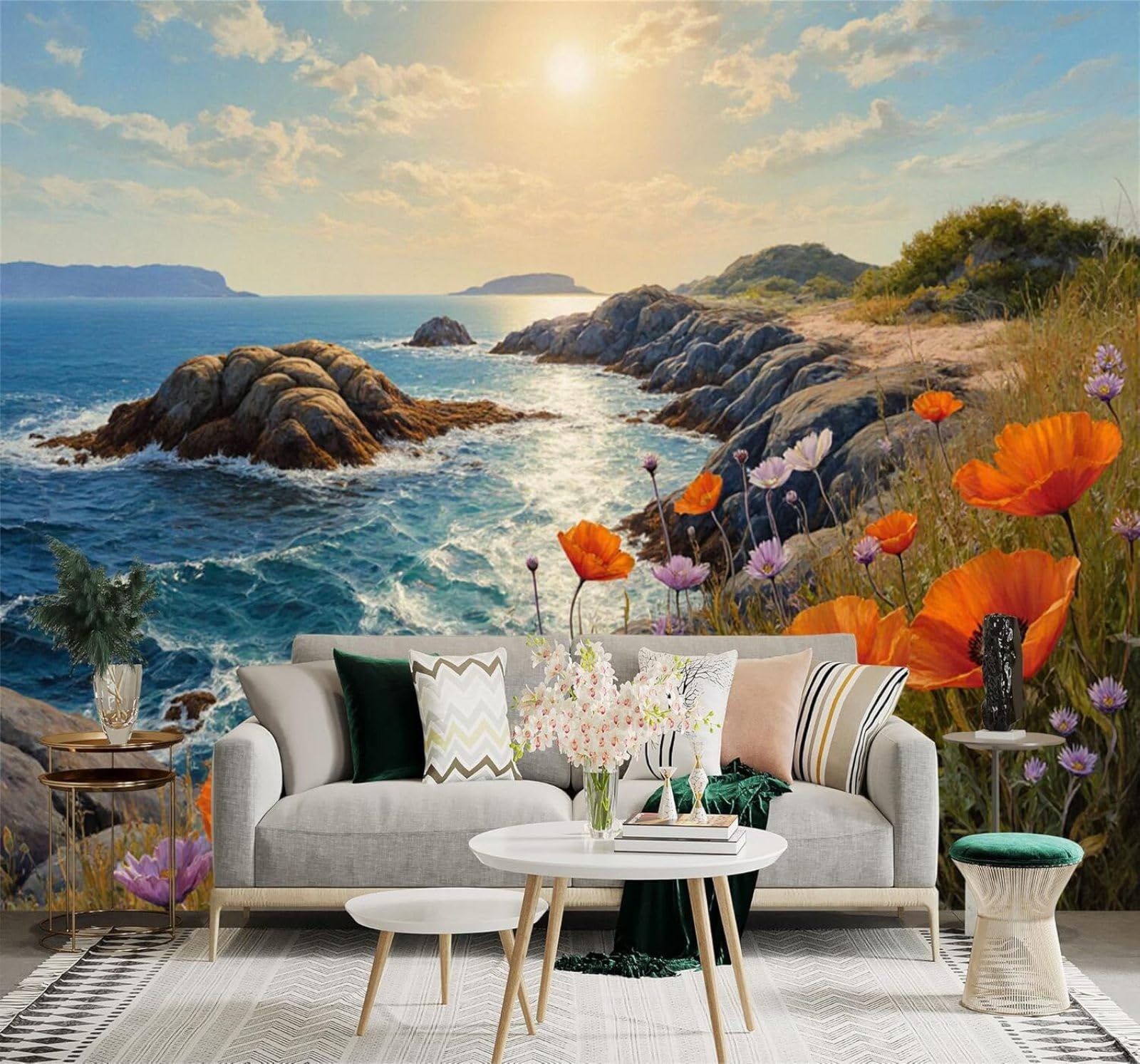 XLMING Aesthetic Sunset Orange Wildflowers Rocks Coastal Landscape 3D Wallpaper Silky Texture Home Study Office Grey Dining Room Sofa Bedroom Living Room TV Backdrop-400cm×280cm