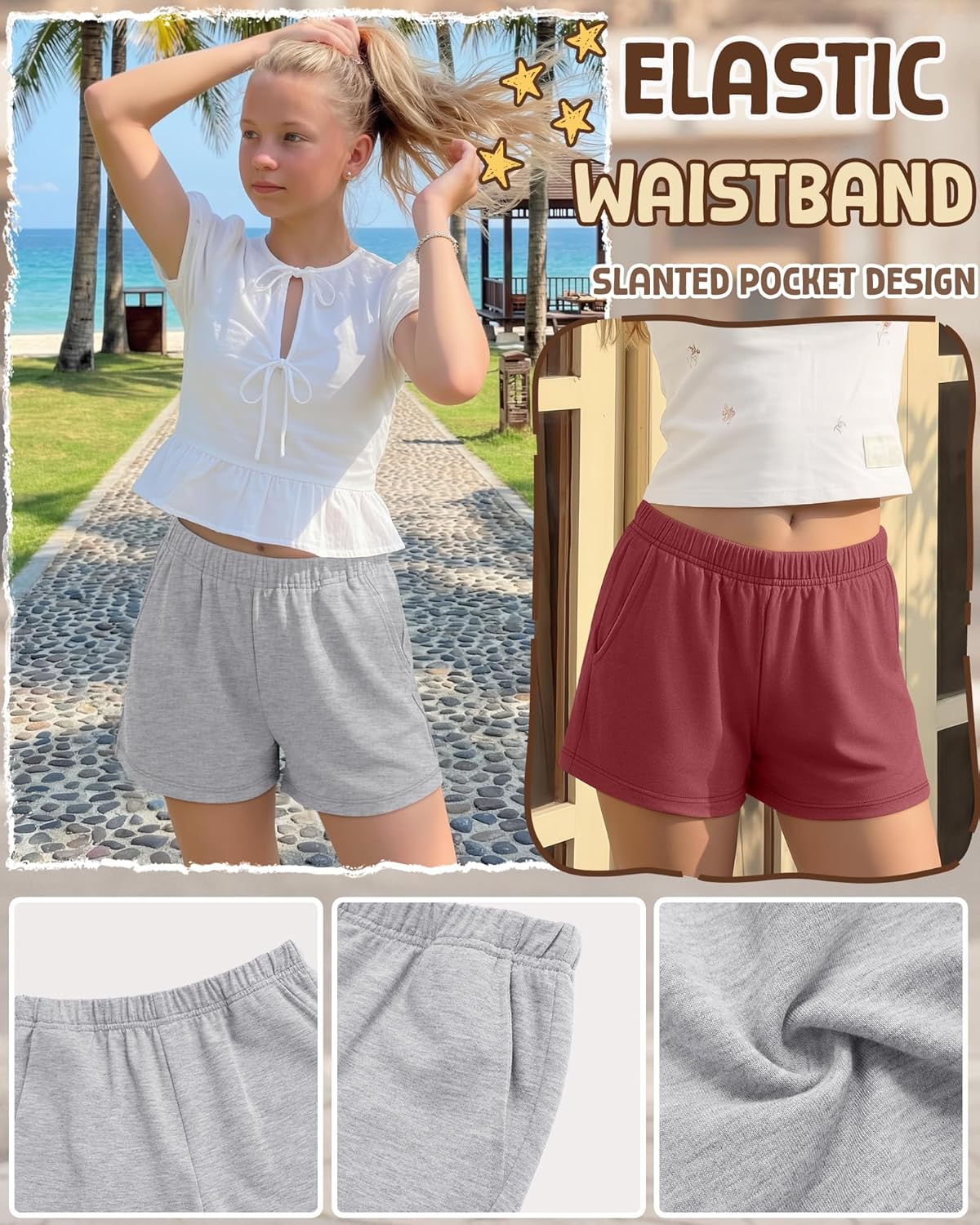 3 Pack Girls' Sweat Shorts Casual Athletic Sweatpants with Pockets Elastic Waistband for Kids 5-16 Years Summer
