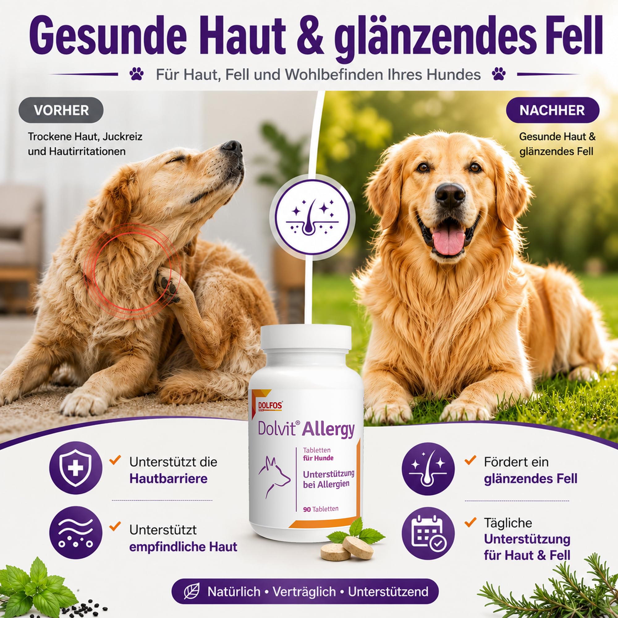 Dolvit Allergy 90 Tabletten, Allergie Tabletten für Hunde gegen Juckreiz & Dermatitis, Natürliches Ergänzungsfutter Hund zur Fellpflege, Hautgesundheit & Unterstützung bei Allergie Hund (1)