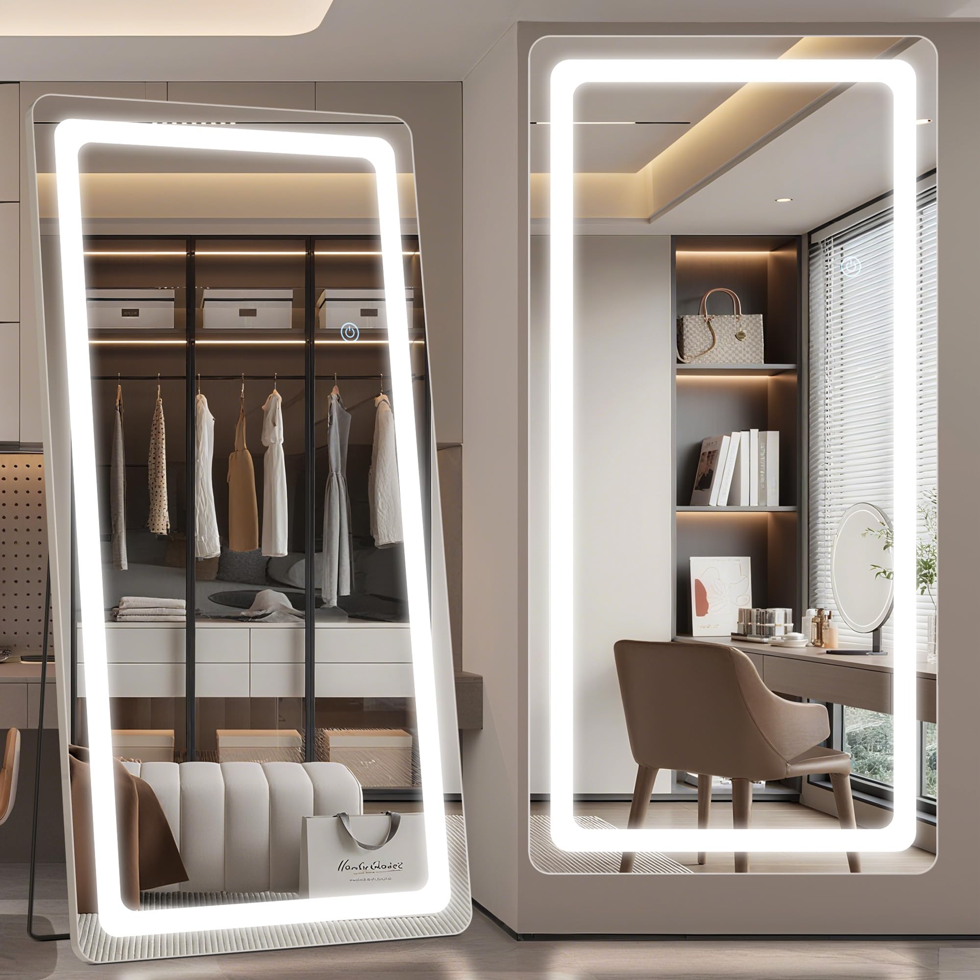 Antok LED Full Length Mirror with Light, 71"x28" Lighted Full Body Mirror with Stand, Dimmable & 3 Color Lighting Standing/Leaning/Wall Mounted Vanity Mirror for Bedroom Cloakroom Livingroom(Rect): 78"L x 38"W Rect Style White