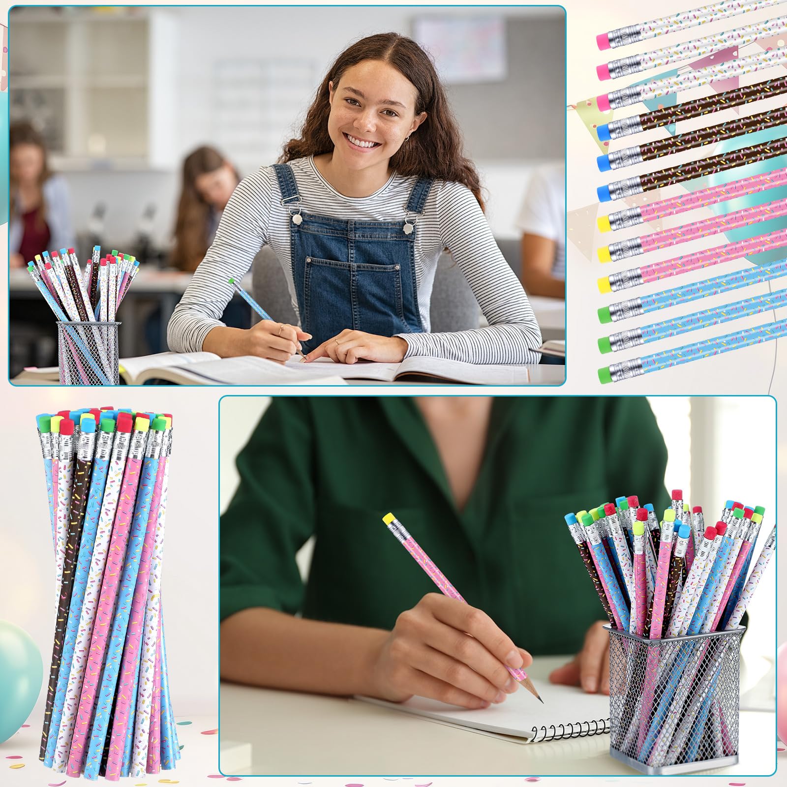 48 lápices de madera con gomas de borrar, regalos temáticos de dona para estudiantes, recuerdos de fiesta, profesores, escuela, aula, recompensa, premios de carnaval, suministros de oficina