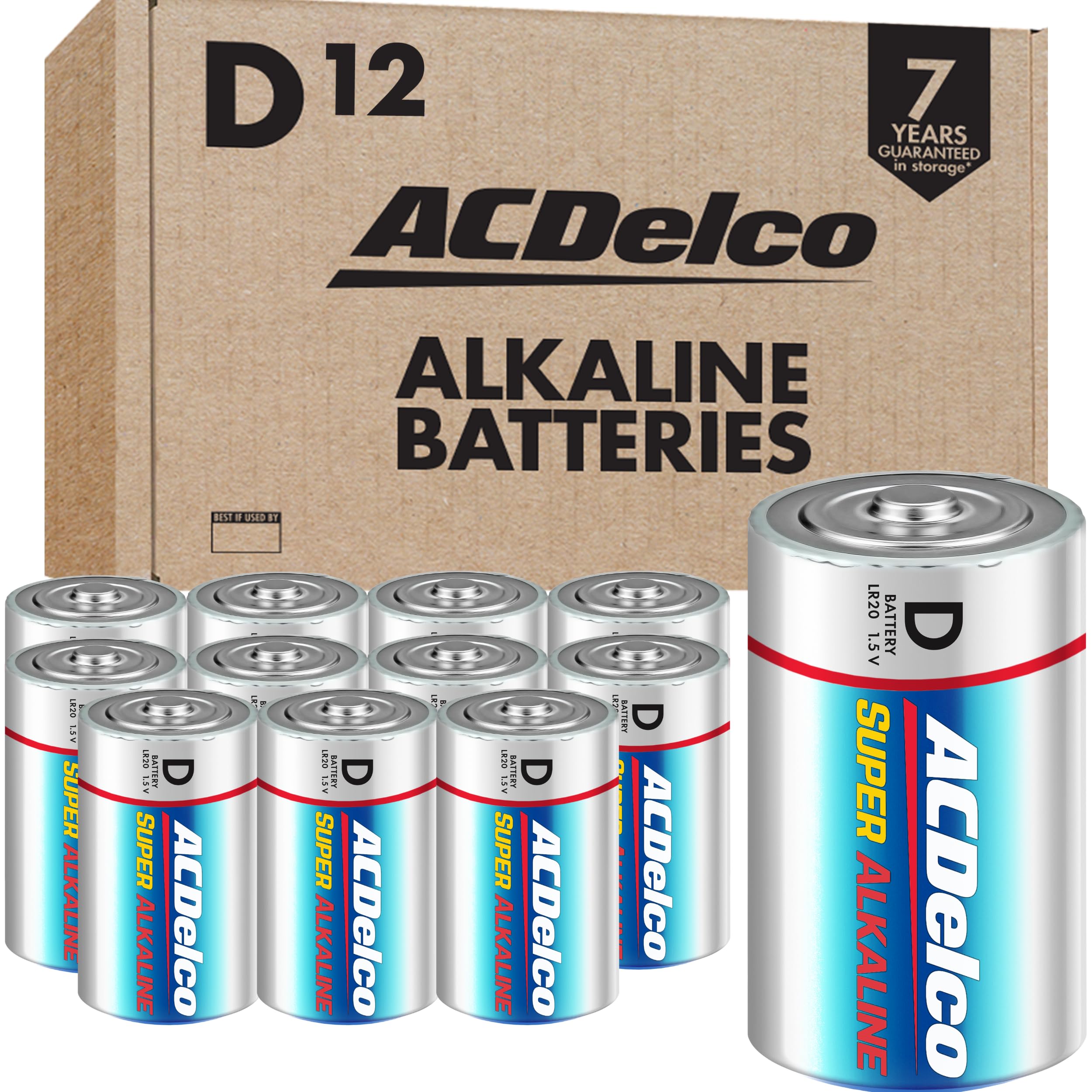 ACDelco 12-Count D Batteries, Maximum Power Super Alkaline Battery, 7-Year Shelf Life, Reclosable Packaging