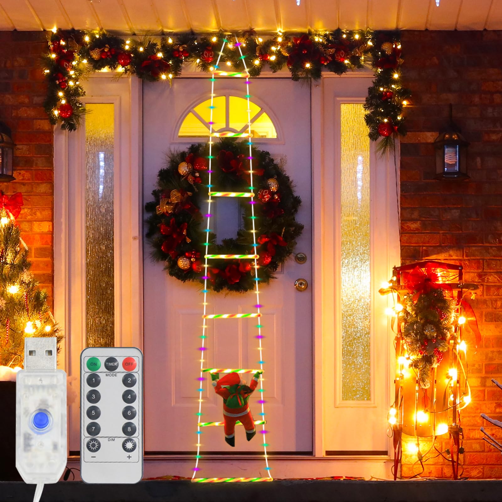 RANJIMA 1.7 M Guirnalda Luces de Navidad con Papá Noel, Led Escalera con Papá Noel, 8 Mode, Temporizador, Función de Memoria, Luz de Navidad Decoración Interior Exterior Fiestas,Arbol,Casa, Multicolor