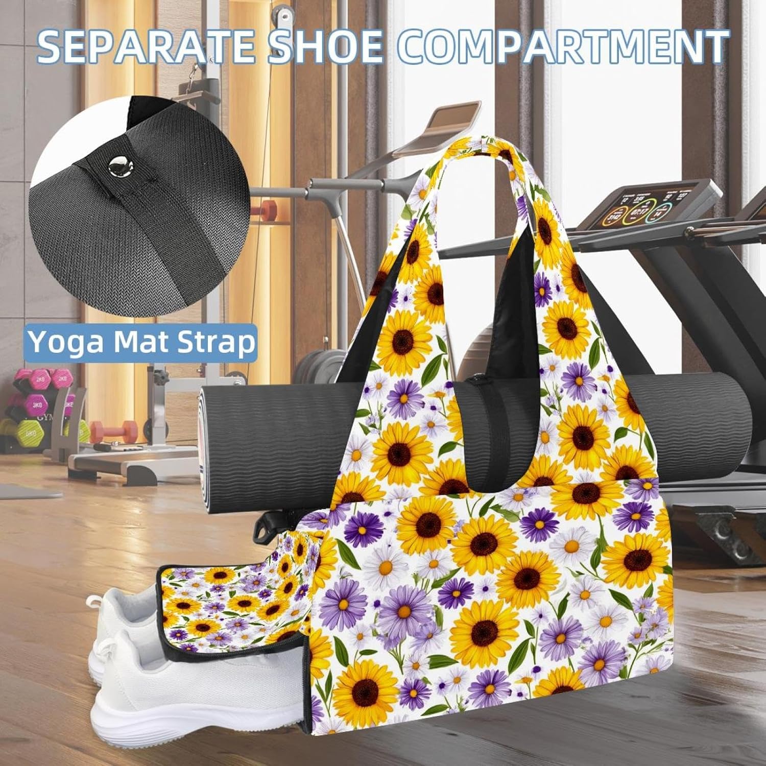 Yoga Mat Bag, Gym Workout Bag with Shoe Compartment, Sunflower Pilates Bag for Women, Quick Access Storage Yoga Tote Bag for Sports Travel Office