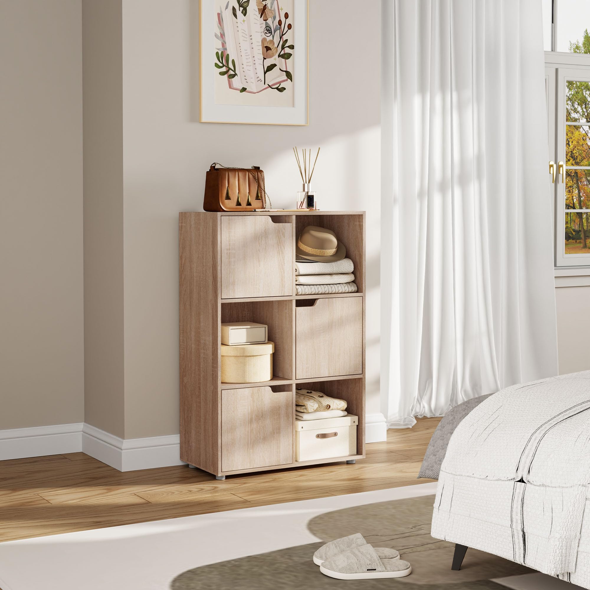 WOLTU Bibliothèque Armoire Etagère de Rangement 59,6x29x91cm en MDF pour Salon Bureau avec 3 Portes 6 Compartiments,Chêne Clair