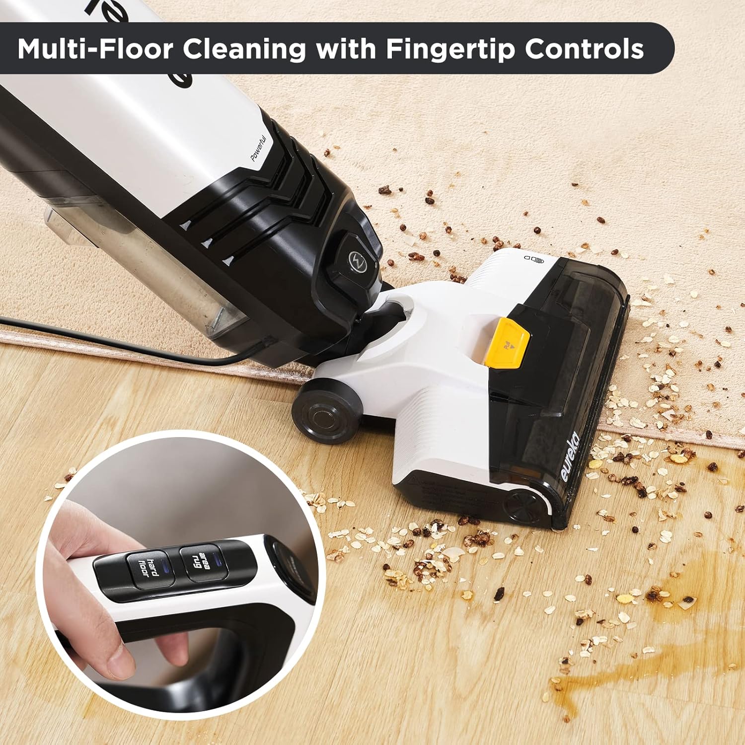 Close-up of the EUREKA NEW300 handle with controls for different floor types, indicating multi-floor cleaning capability.