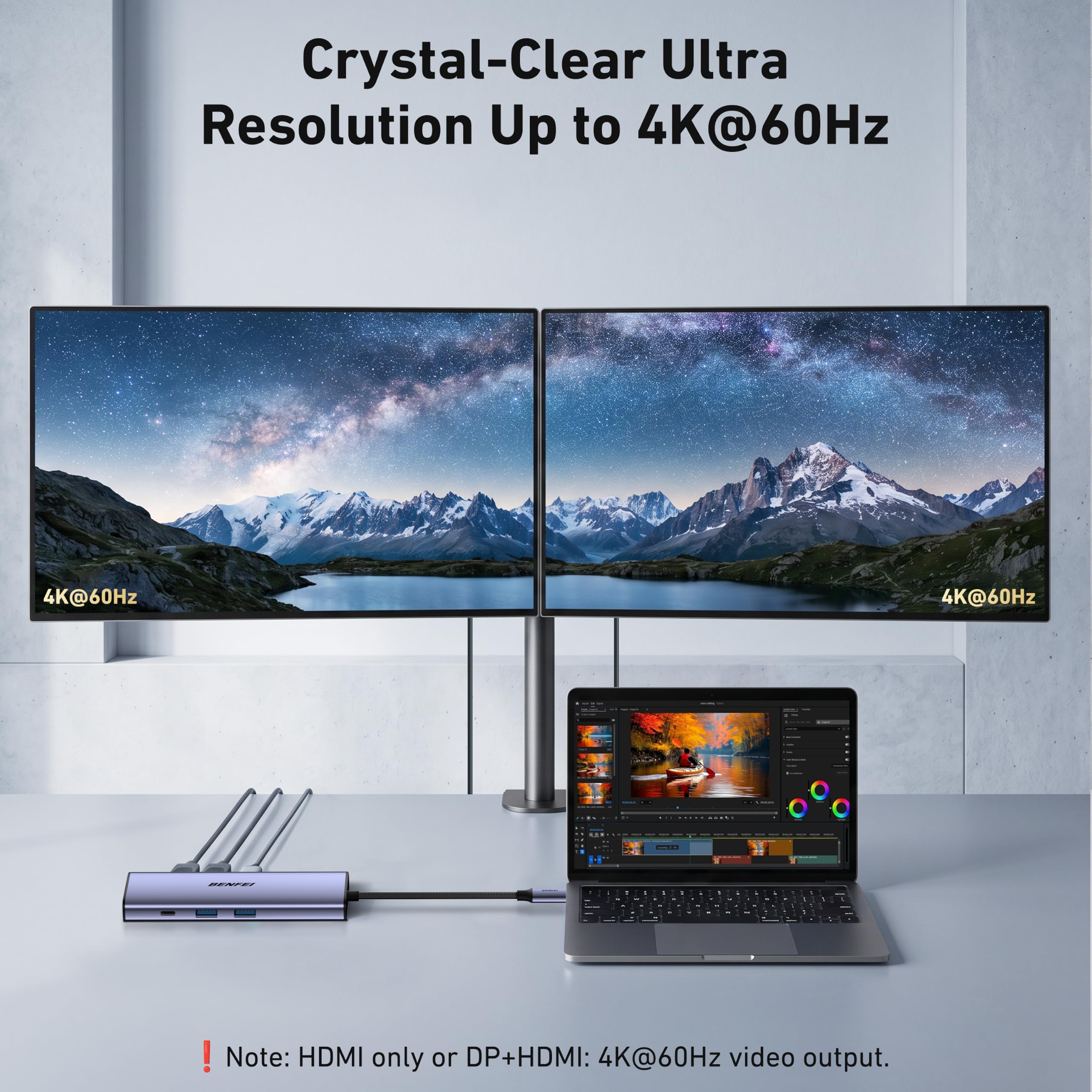 BENFEI Hub USB-C MST 7-in-1, DisplayPort 8K e HDMI 4K a 60 Hz, Gigabit Ethernet, PD da 100 W, 1 porta USB-C da 5 Gbps e 2 porte USB-A 3.0 per MacBook, iPad, iMac, iPhone 17/16/15, Galaxy, XPS