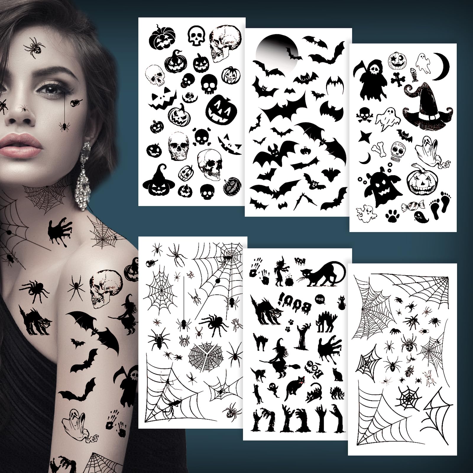 5 Blätter Fledermaus & Spinne Temporäre Tattoos – Halloween Gesichts-Tattoo, Gruselig & Wasserfest