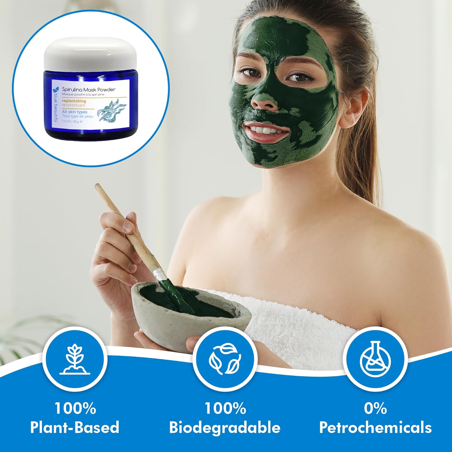 Blue Beautifly Spirulina Clay Mask for Face - Firming Face Mask Detoxifies Pores and Restores Skin’s Natural Vitality - 100% Organic Plant Powders, Colloidal Oatmeal, and French Rose Clay - 1.6 oz