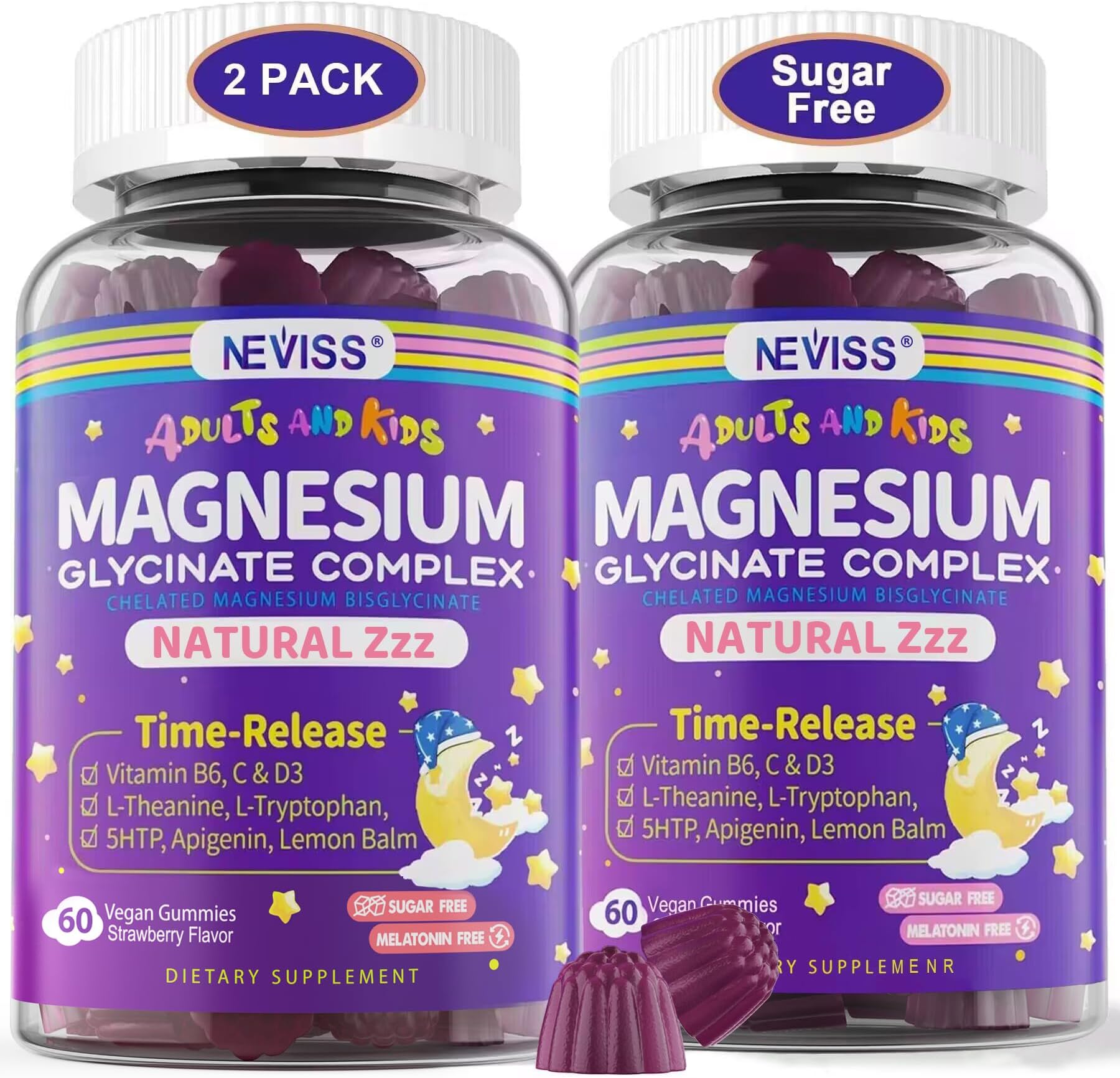 Magnesium Glycinate Gummies for Adults & Kids 4+, Sugar Free Magnesium Bisglycinate Supplement 400/200mg with B6D3, 5HTP, L-Theanine for Sleep & Relaxation, Brain, Muscle, Melatonin Free Gummies,2Pack