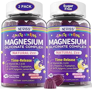 Magnesium Glycinate Gummies for Adults & Kids 4+, Sugar Free Magnesium Bisglycinate Supplement 400/200mg with B6D3, 5HTP, L-Theanine for Sleep & Relaxation, Brain, Muscle, Melatonin Free Gummies,2Pack