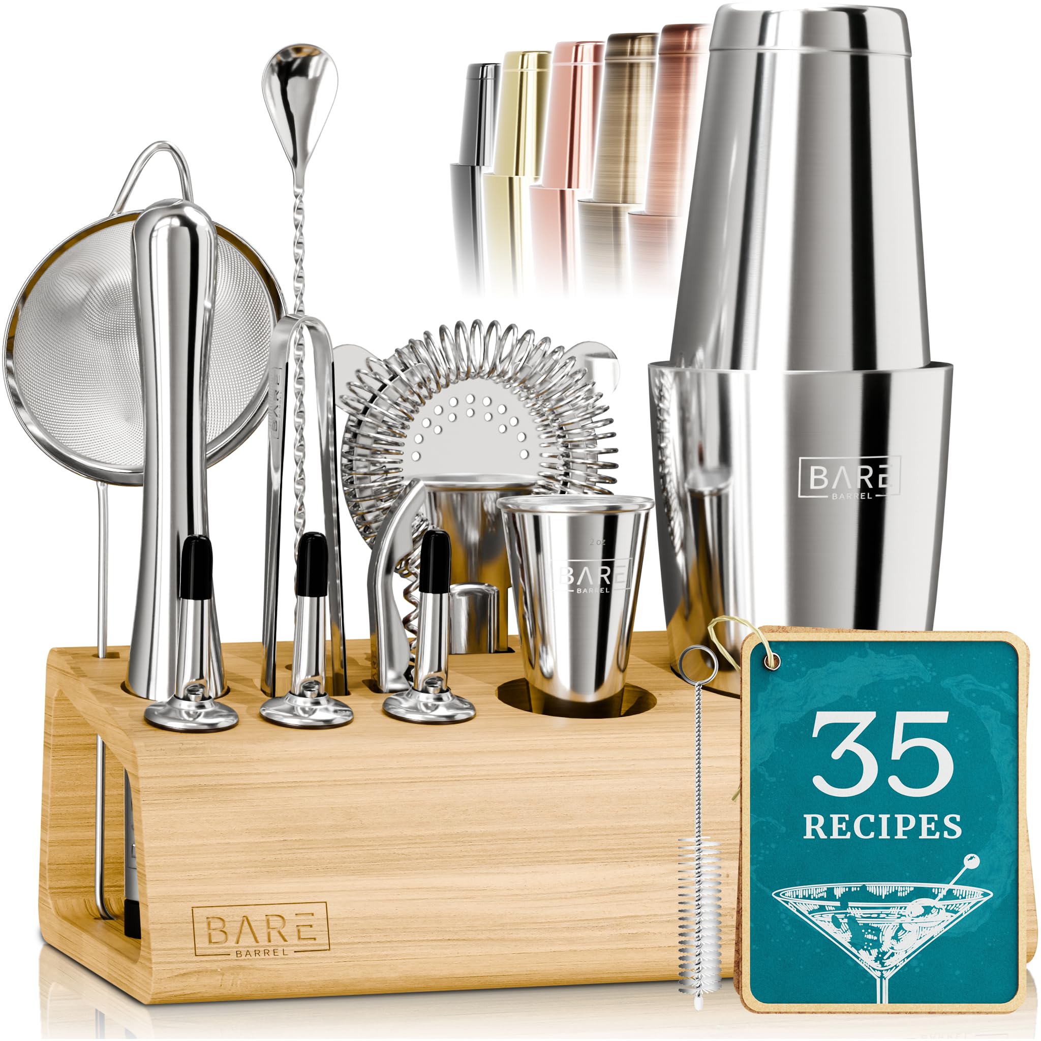 BARE BARREL® Mixology Bartender Kit Bar Set | 14-Piece Cocktail Shaker Set | Martini Barware Mixing Tools for Home Bartending | Incl. 35 Recipe Cards | Gift Set (28oz Boston Shaker, All Natural)