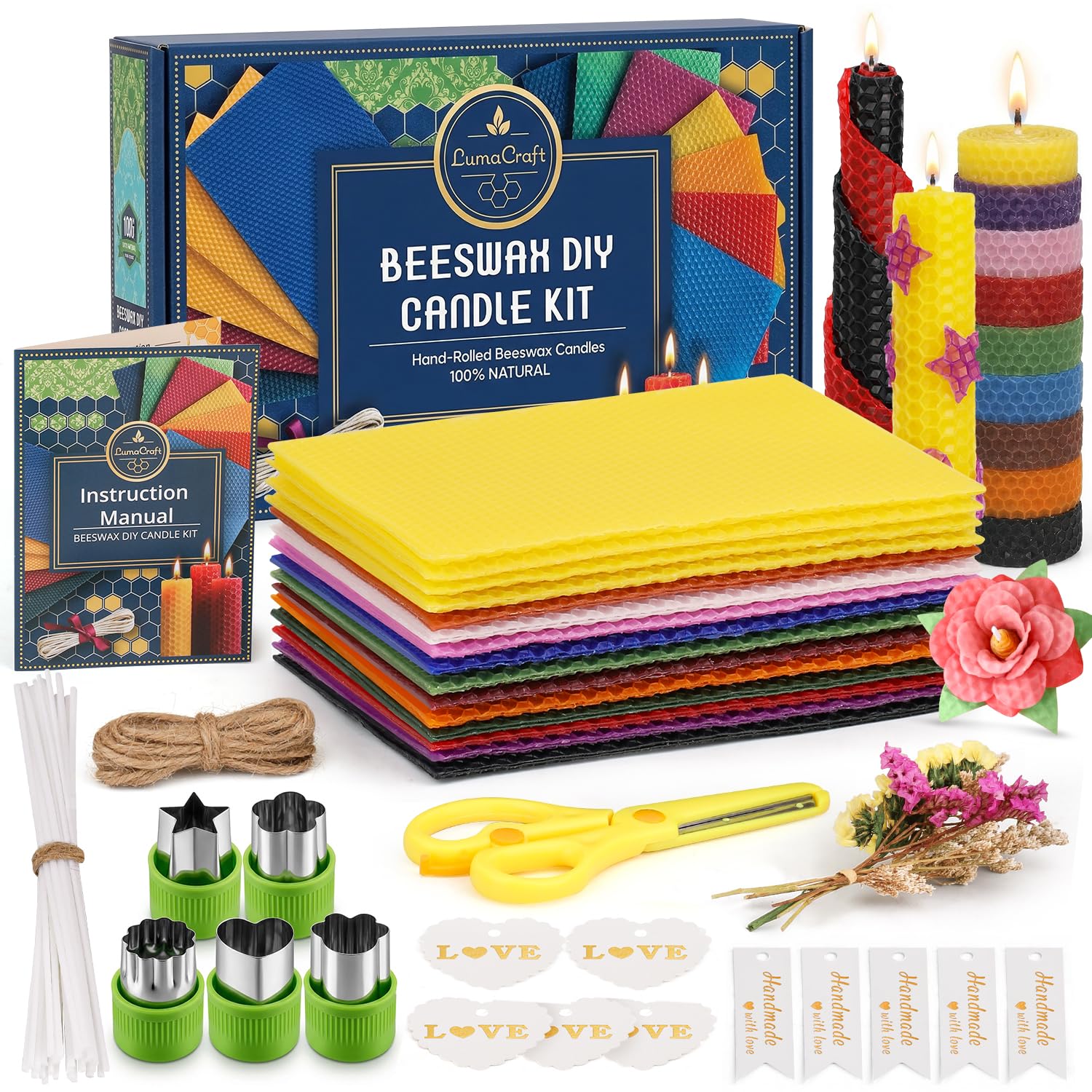 LumaCraft Bienenwachsplatten für Kerzenherstellung Set – 16 Stk. 100% reine natürliche Bienenwachsplatten zum Kerzenrollen – DIY Handarbeit Kerzenbastelset für Familie, Feiertage, Partygeschenke, Deko