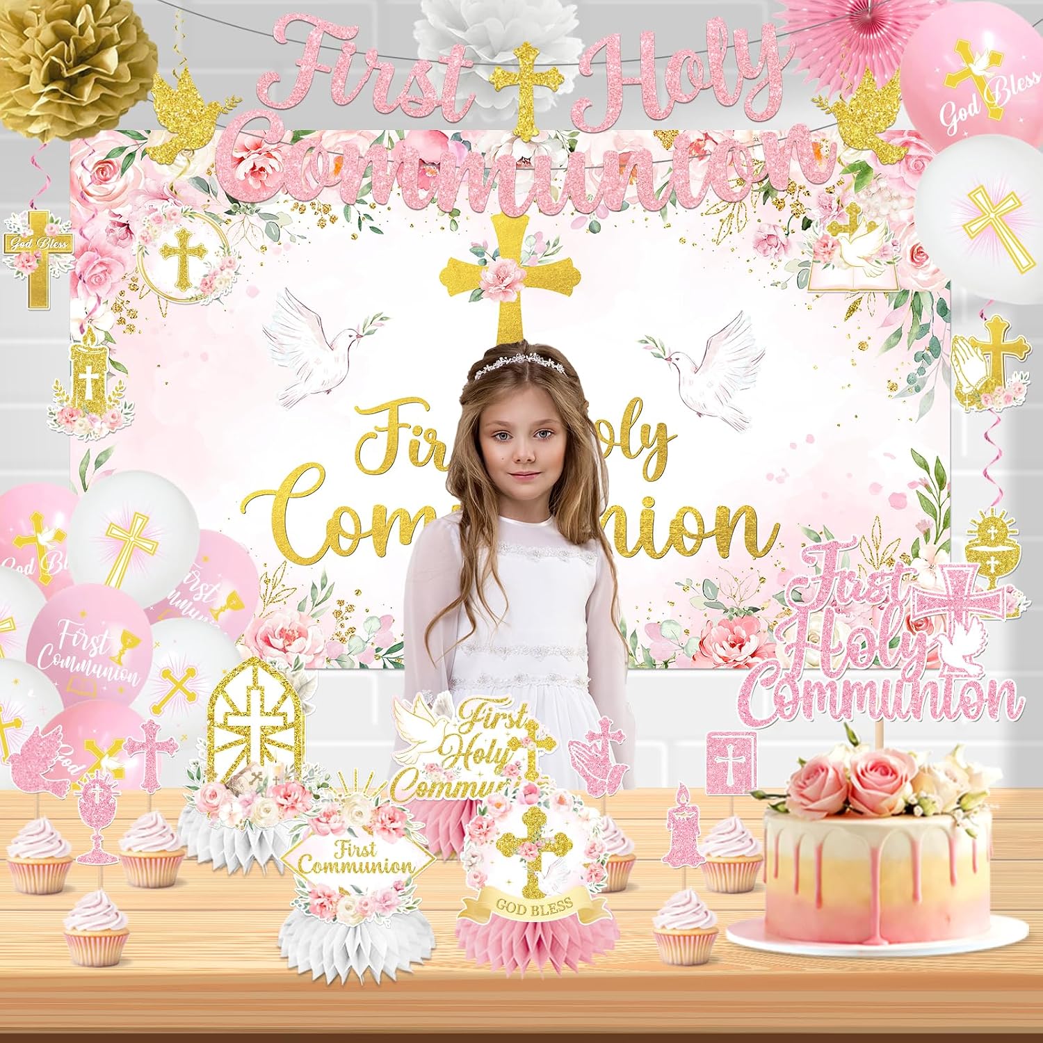 First Communion Decorations, Pink and Gold Baptism Decorations includes First Holy Communion Banner Backdrop God Bless Hanging Swirls Balloons, for Primera Comunion Decoracion Girls
