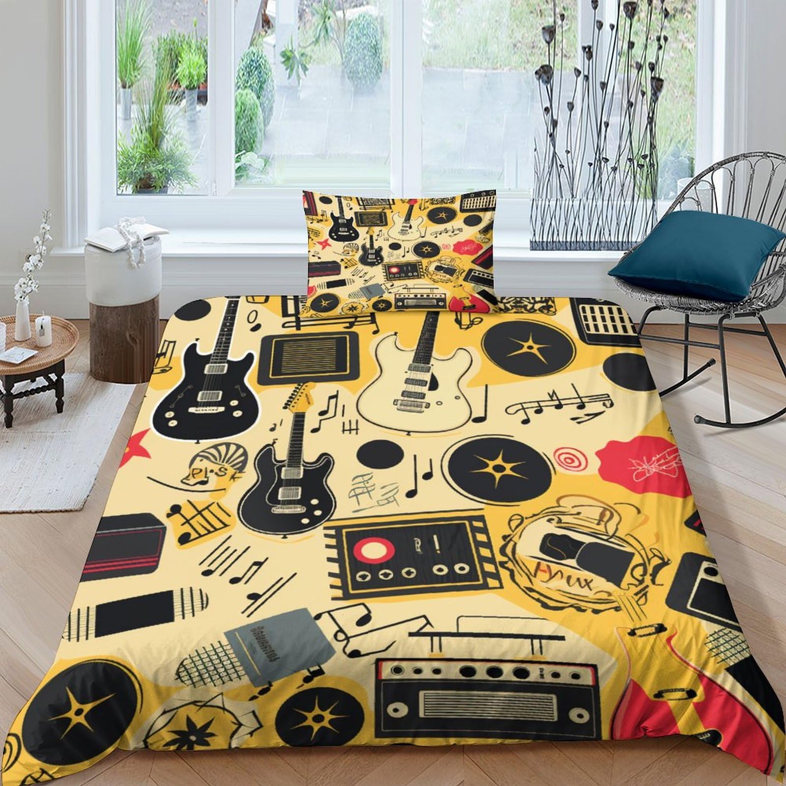Funda nórdica de guitarra vintage infantil de microfibra de 135x200 cm con 3 piezas y cremallera