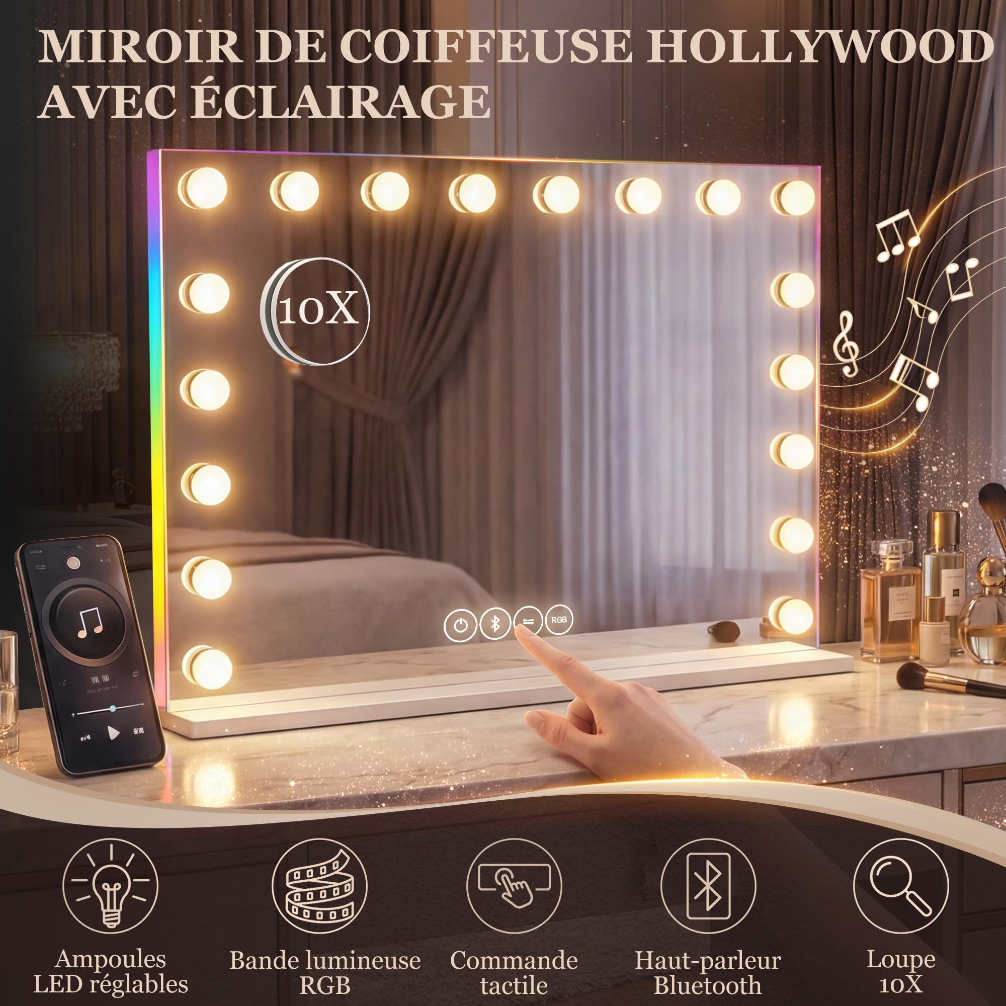 HOMCOM Miroir Maquillage Hollywood 80x60cm Miroir Coiffeuse LED 18 Ampoules dimmables 3 Couleurs d'éclairage lumière RGB Haut-Parleur Bluetooth grossissement 10x contrôle Tactile sur Table/sur Mur