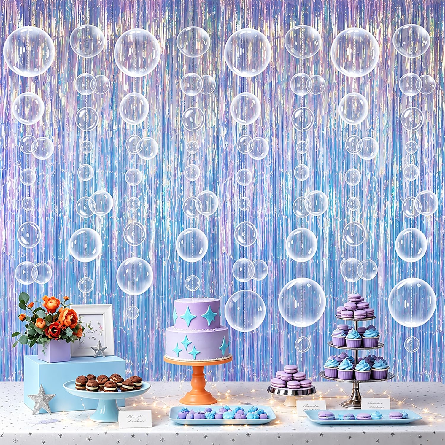 Iridescent Foil Fringe Curtain Clear Hanging Bubble Garland Under The Sea Mermaid Ocean Theme Party Decor Photo Backdrop for Birthday Wedding Graduation Underwater Party Supplies