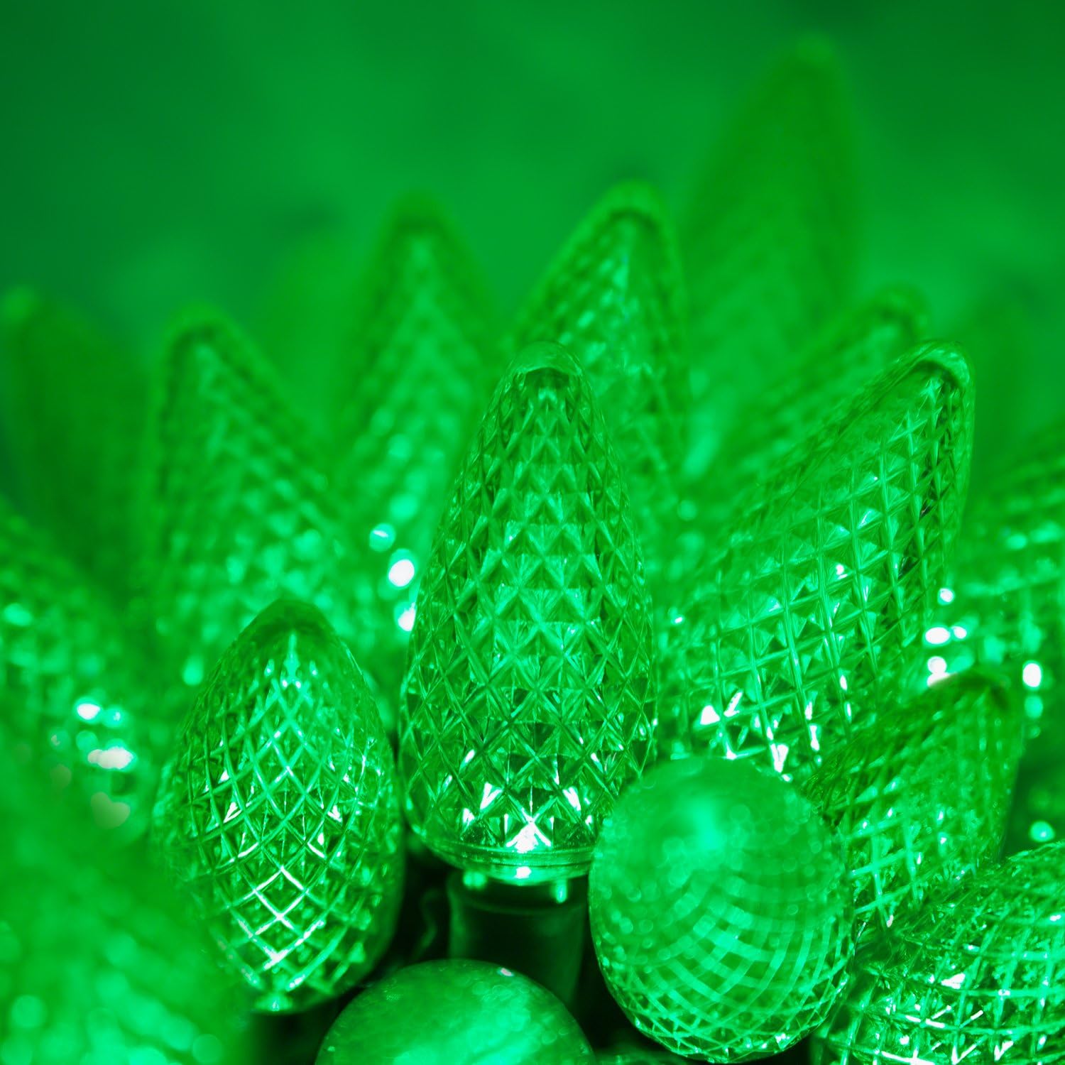 C9 LED Faceted Green Prelamped Light Set, Green Wire - 25 C9 Green LED Christmas Lights, 8" Spacing