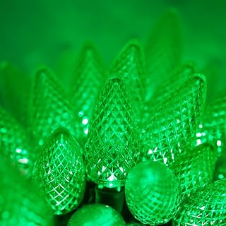 C9 LED Faceted Green Prelamped Light Set, Green Wire - 25 C9 Green LED Christmas Lights, 8" Spacing