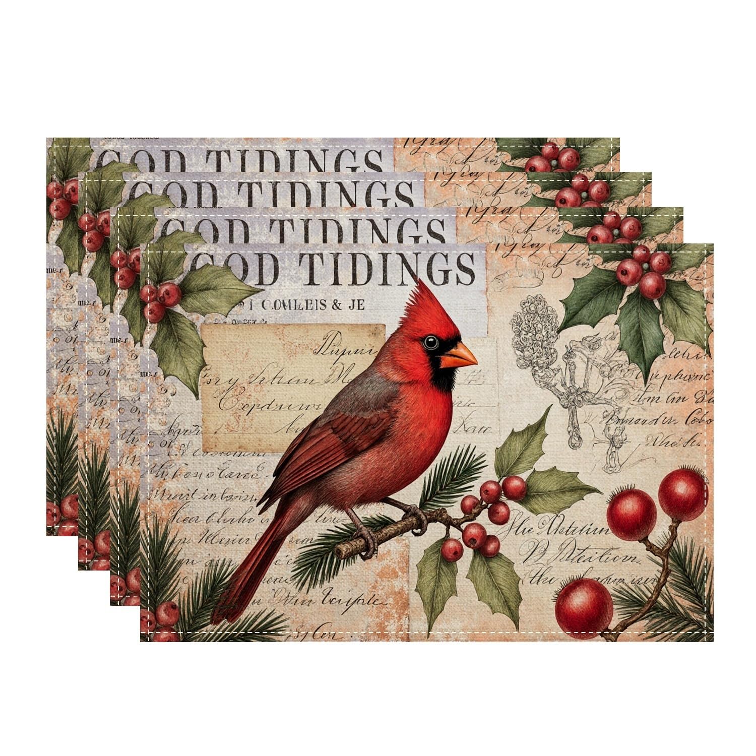 Christmas Cardinal Placemats, Vintage Botanical Place Mats for Dining Table, Holiday Non-Slip Washable Indoor Outdoor Kitchen Party Decorative Placemat Set of 4