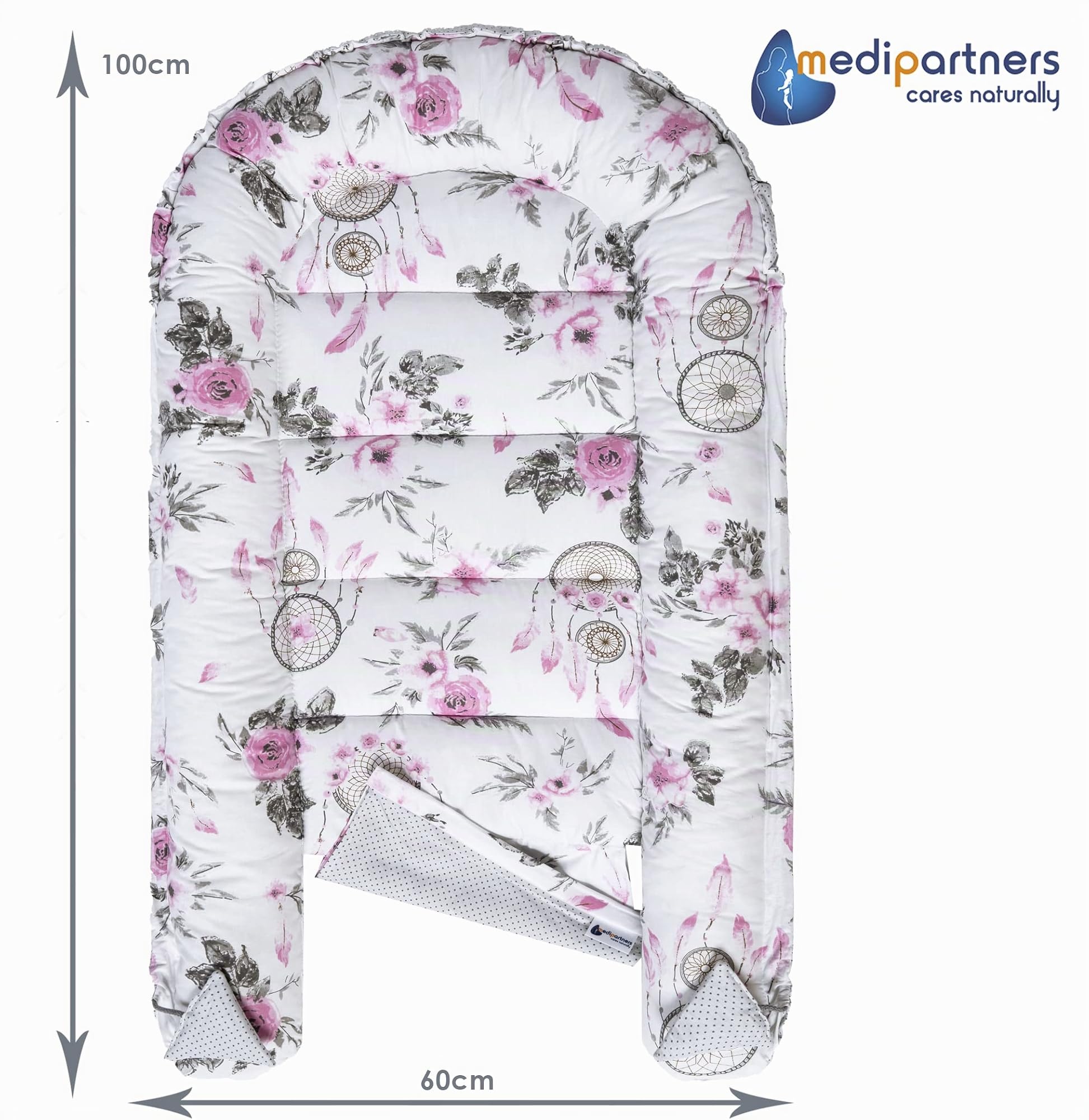 Medi Partners Reducteur de lit Bébé Cocon 100x60x15cm 100% Coton Baby Nest Nouveau-né Nid de Bébés Oreiller Couverture Insert Amovible (Catchers et Fleurs Gris Minky)