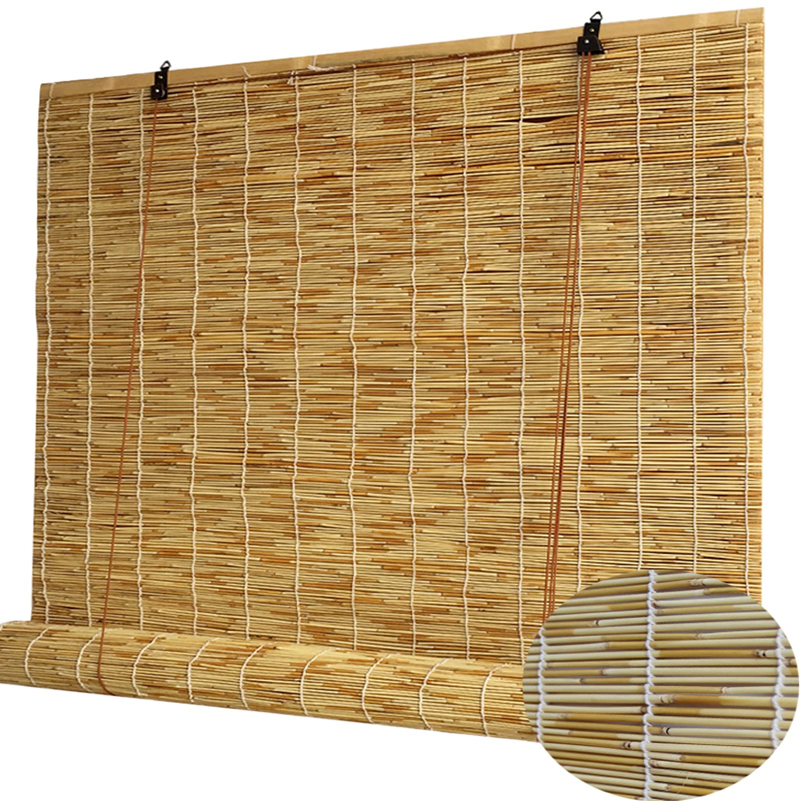 ZHJSHOU Natural Reed Curtain Hand-Woven,Bamboo Roller Blind Door Windows, Retro Partition Blind Sun Shade with Lifter,Light Filtering/Privacy Louver,45x140cm/17.7x55.1in(WxH)