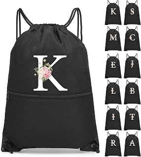 Drawstring Backpack, Personalized Initial Design Drawstring Bags Water Resistant String Bag for Women Men Gym Backpack Track Bag Sackpack Cinch Bags for Sports, Gym, Travel, Beach-Black (Letter K)