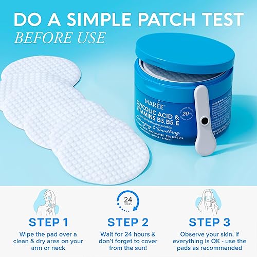 Miniatura 5 de MAREE Esmalte facial  Almohadillas de ácido glicólico para cara con aceite de árbol de té  Esmalte exfoliante con ácido salicílico y vitaminas E,
