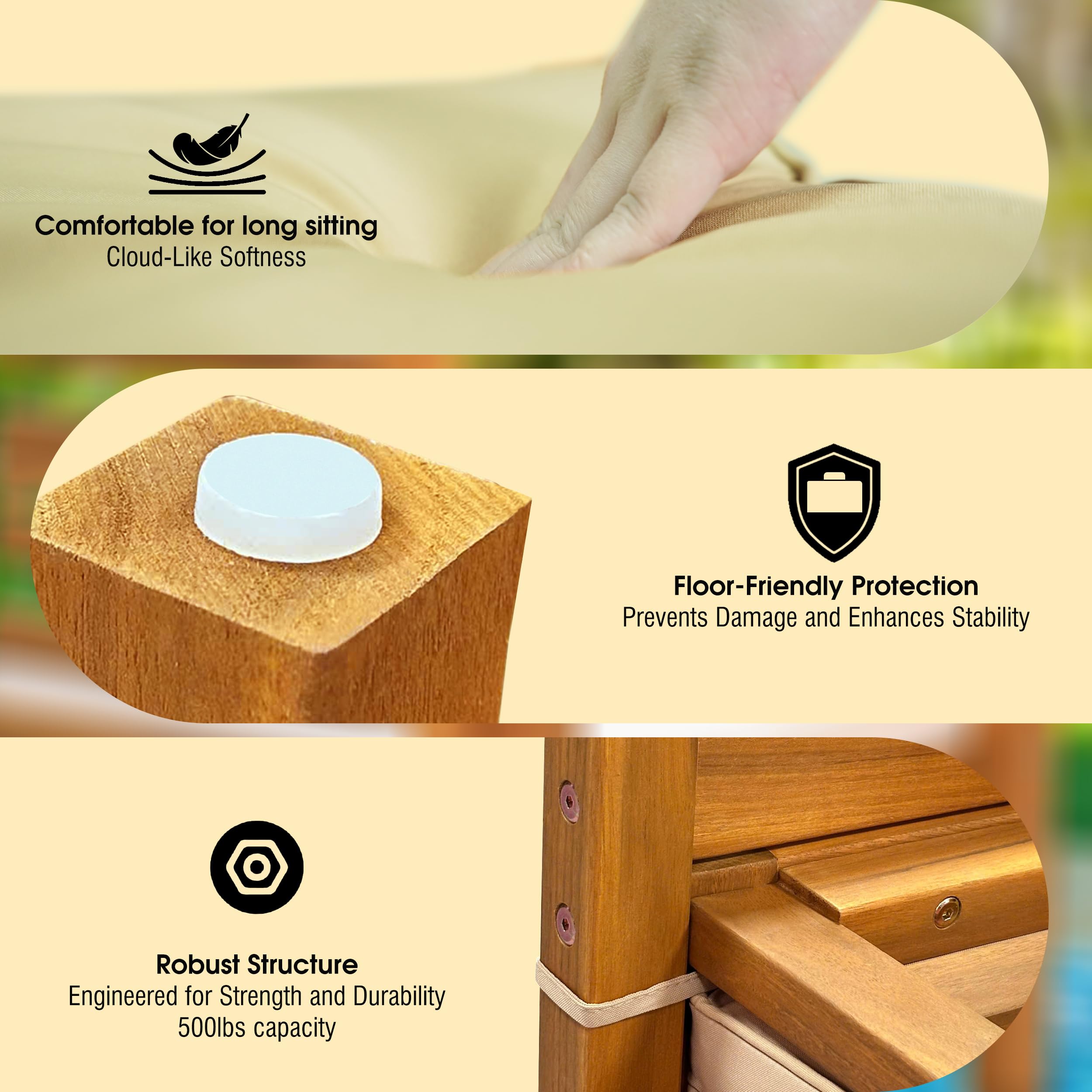Solara - Juego de 2 sillas de madera de acacia para exteriores con cojines, capacidad de 500 libras, sillones de madera resistentes a la intemperie, sillas de jardín y terraza de madera 4