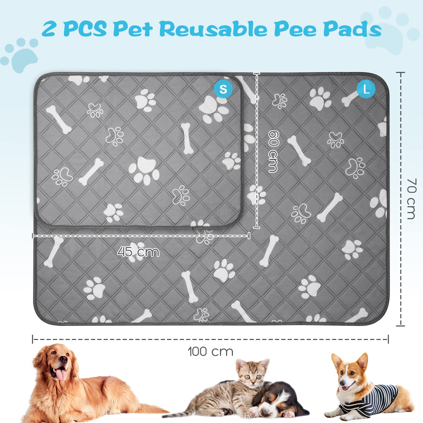 Confezione da 2 Cuscinetti Riutilizzabili per Addestramento del Cane, Assorbenti e Impermeabili, Lavabili per Casa, Auto, Viaggi, 70 x 100 cm
