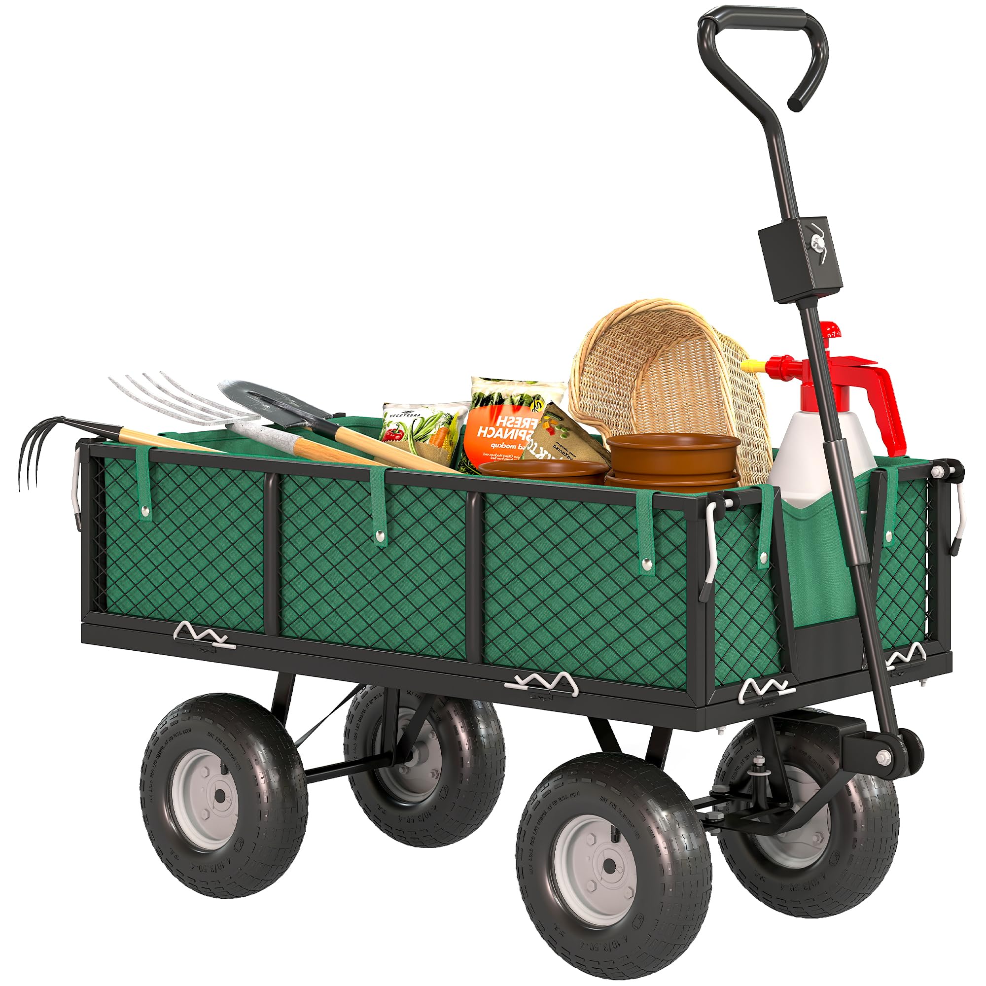 Outsunny Carrello da Giardino da 114L con 4 Ruote Grandi Capacità 200 kg, Carrello Spiaggia in Acciaio con Sacca Portaoggetti, Pareti Laterali Rimovibile e Maniglia Girevole, 105x51x54 cm, Verde