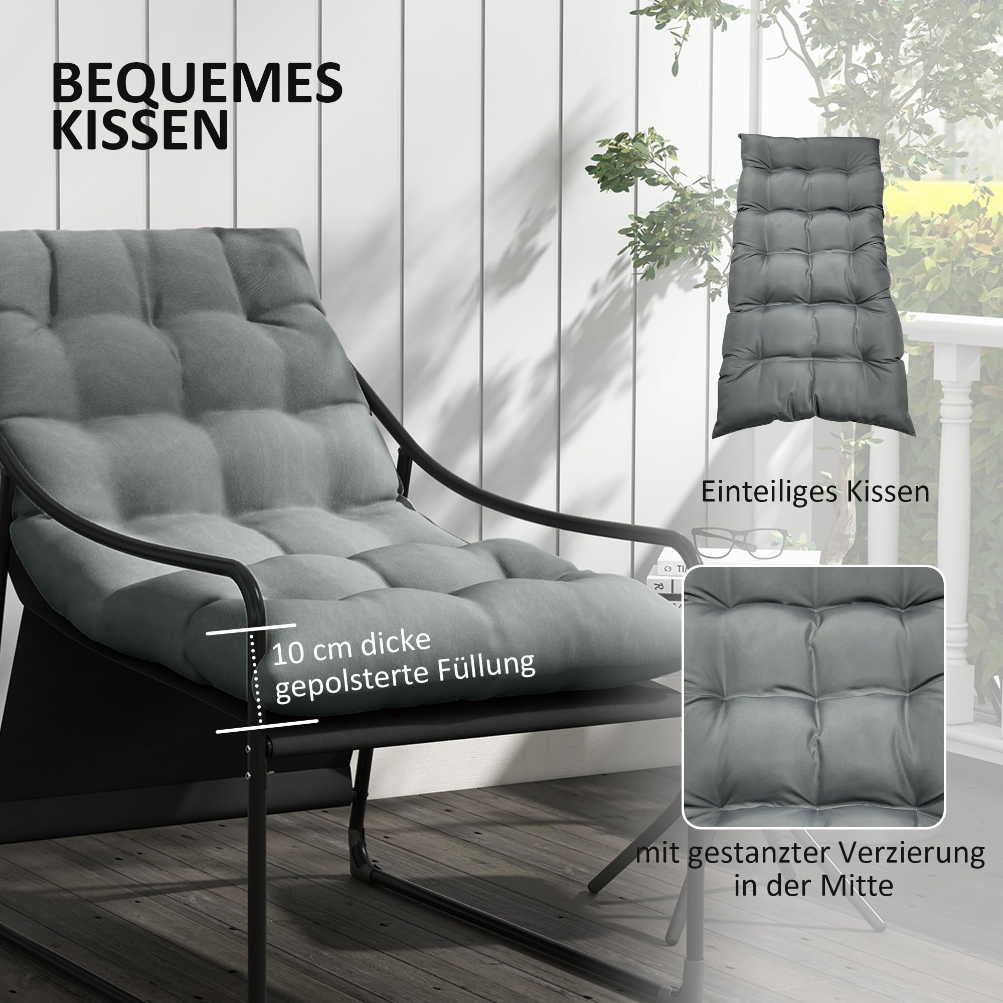 Outsunny Gartensessel mit dickem Sitzkissen mit Armlehne bis 120 kg Grau | Gartenstuhl, Garten Loungesessel, für Garten, Balkon