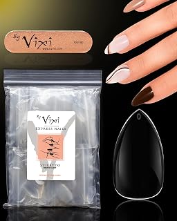 By Vixi 600 MEDIUM STILETTO NAIL SET with PREP FILE, 10 Sizes – Clear Express Full Cover False Fingernail Extensions for Salon Professionals & Home Use