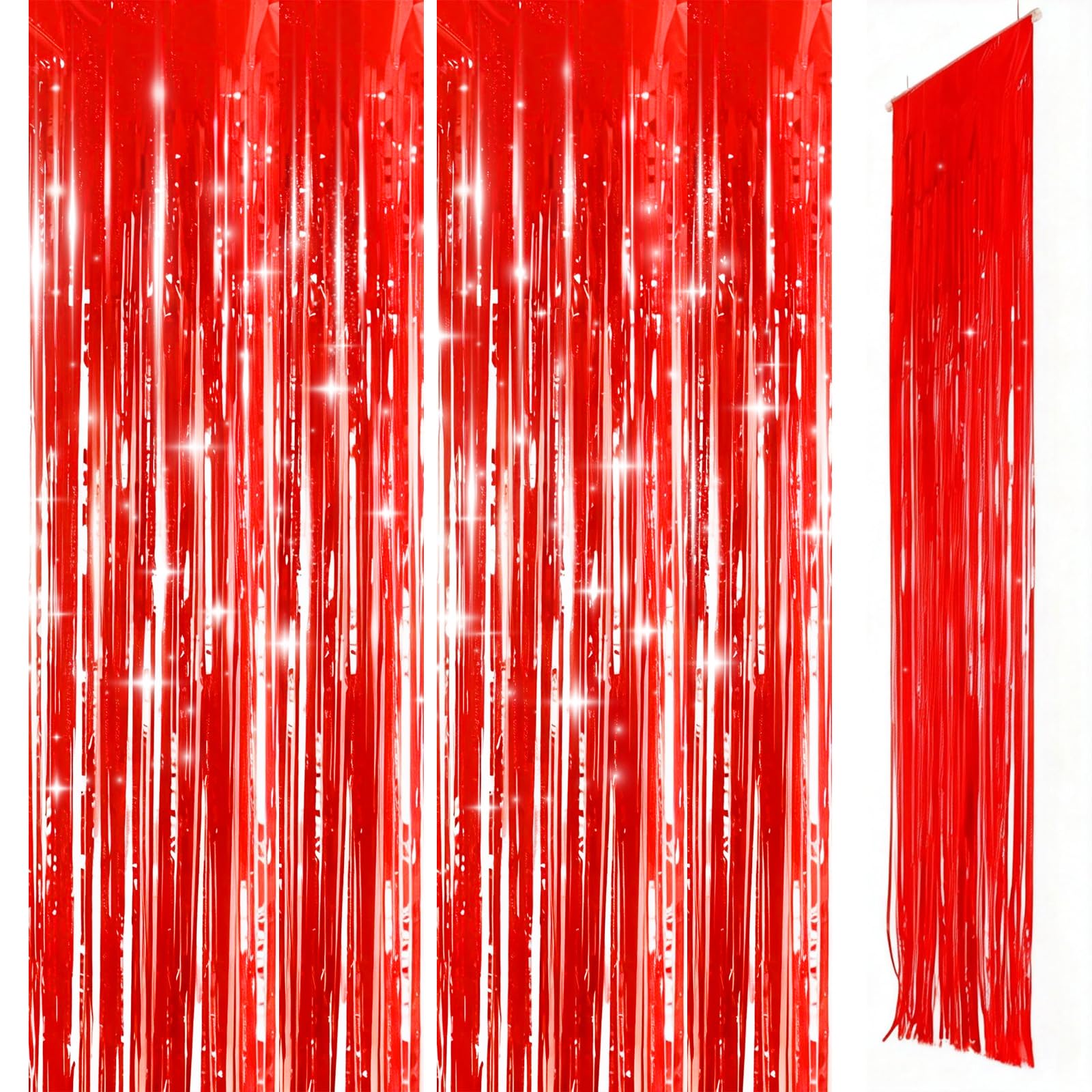 Red Foil Door Curtain Decorations, 2pcs 3.2ft x 8.3ft Tinsel Curtains Fringe Backdrop, Red Streamers Door Hanging Decoration for Christmas Birthday Wedding Bridal Shower Bachelorette Party.