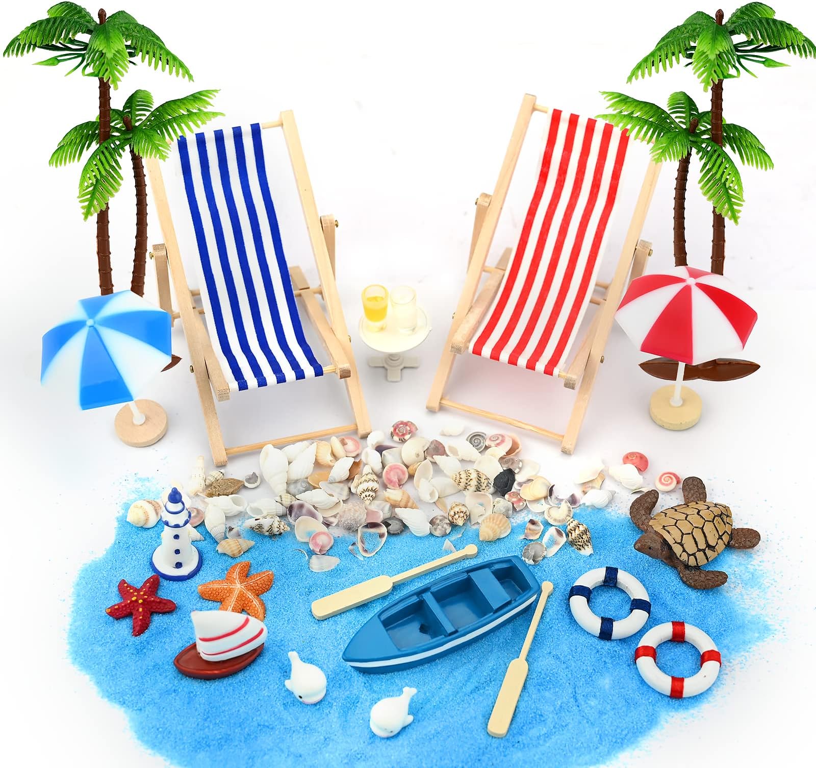 22 Pcs Beach Micro Landscape Miniature Decorations Mini Beach Decorations Mini Deck Chair Beach Chair Parasol Small Palm Tree Decorative Accessories for DIY Zen Garden Decoration Unique Gift