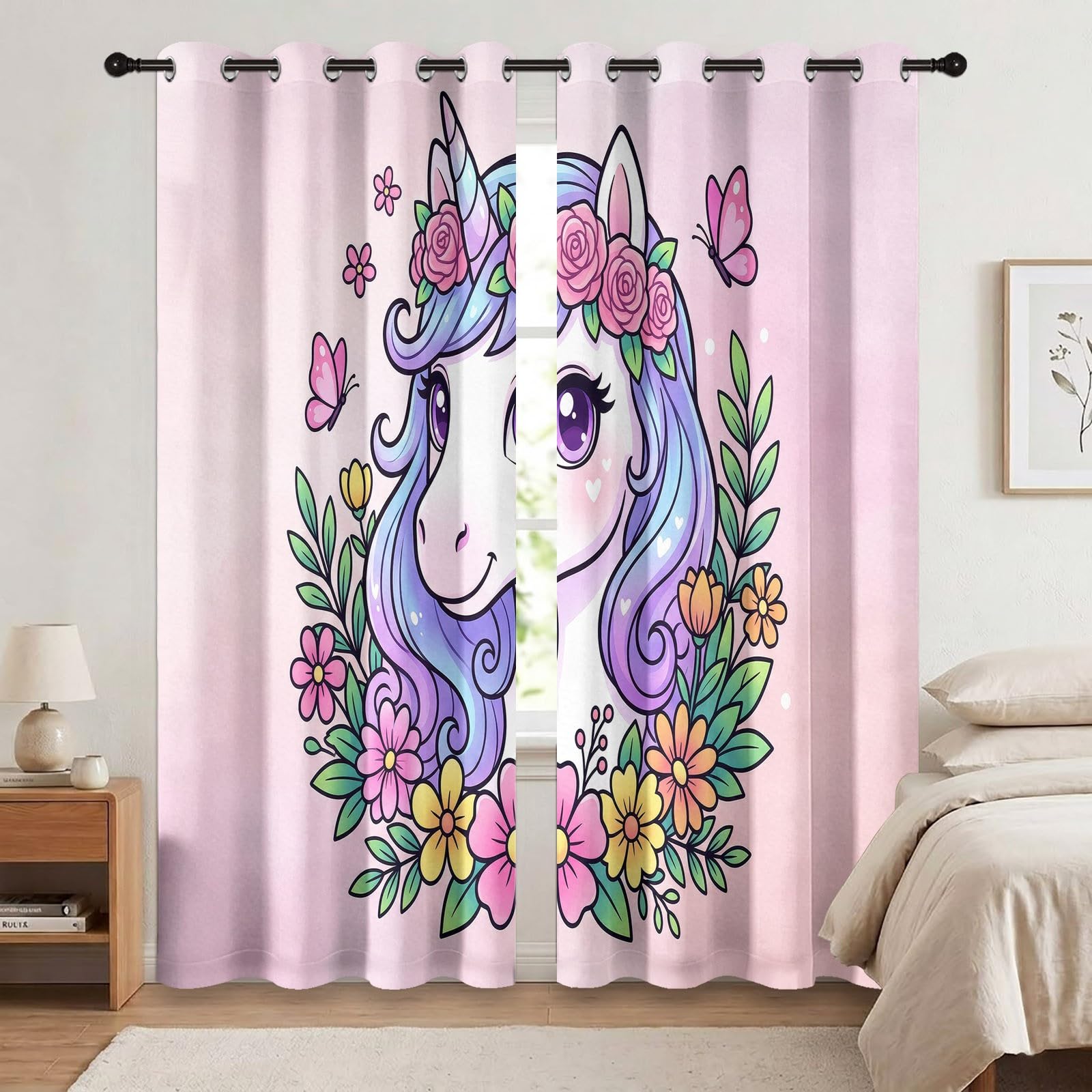 Générique Rideaux pour Enfants 140L X 240H cm (2 Panneaux), Rideaux Isolant Thermique Motif Licorne De Rêve, Décoration de Animal Animé pour Chambre d'enfant Garçon Adolescent Salon Fenetre, Rose