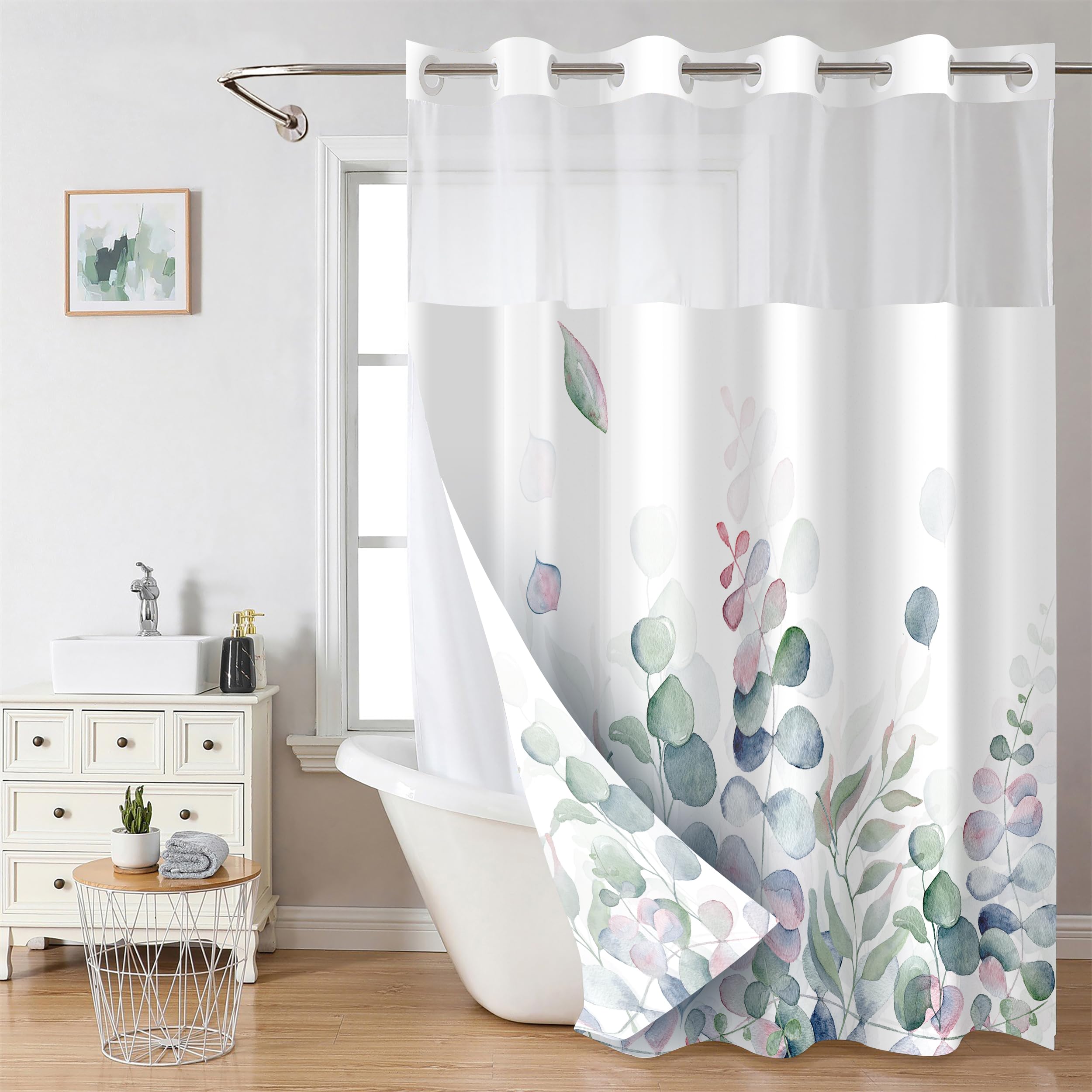 Planially No Hooks Shower Curtain with Snap in Liner, 72W*74L No Hook Shower Curtain and Liner Set, Hotel Style with See Through Top Window, Fabric Outer Curtain - Waterproof Inner, Petals