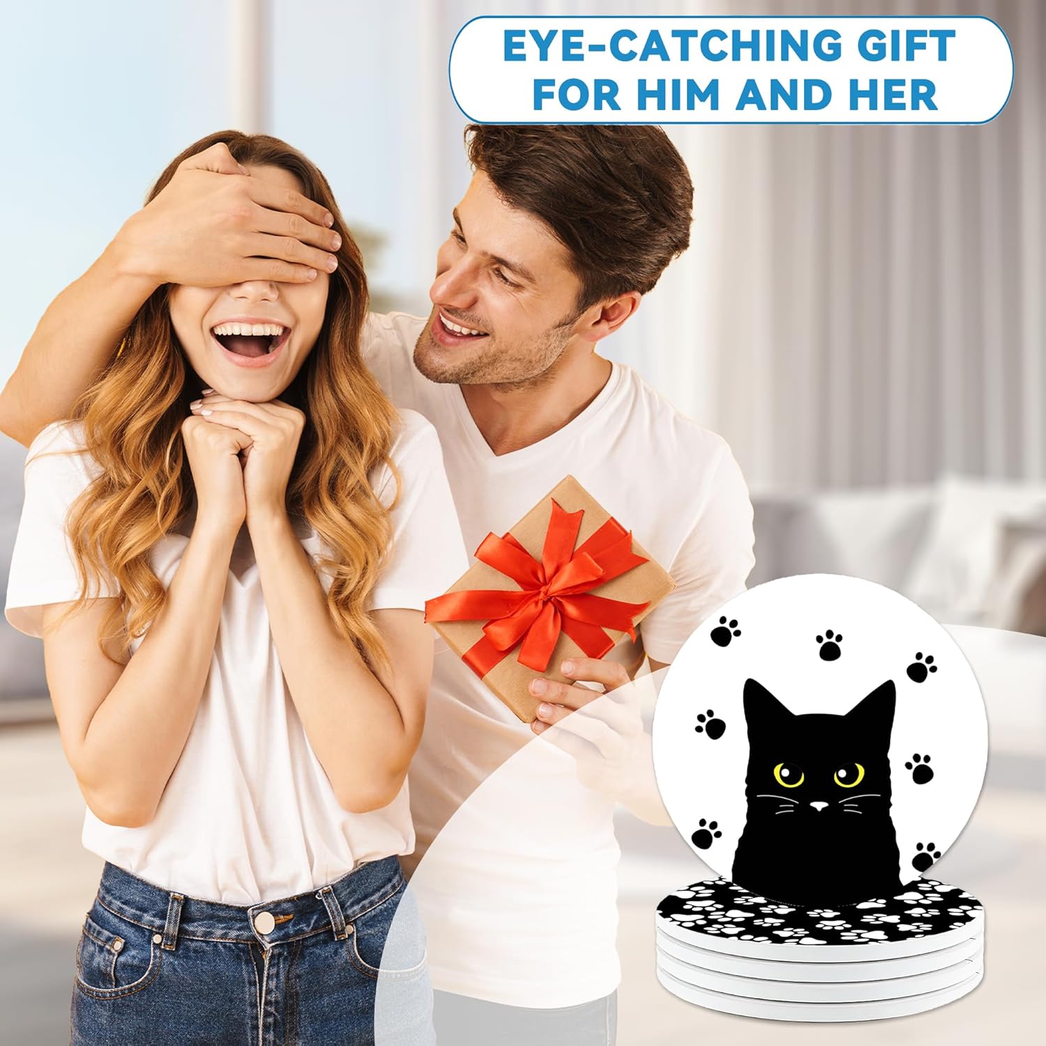 Drinks Coasters Set of 4, Black Cat Round 4" Cup Coasters, Absorbent Ceramic Stone Coasters with Cork Base, Cute Coasters for Table Home Décor, Ideal Gifts for Women Men - Image 6